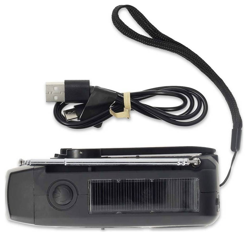 Ruční klíč nouzového rádia se solárním panelem, USB kabelem a páskou na zápěstí.