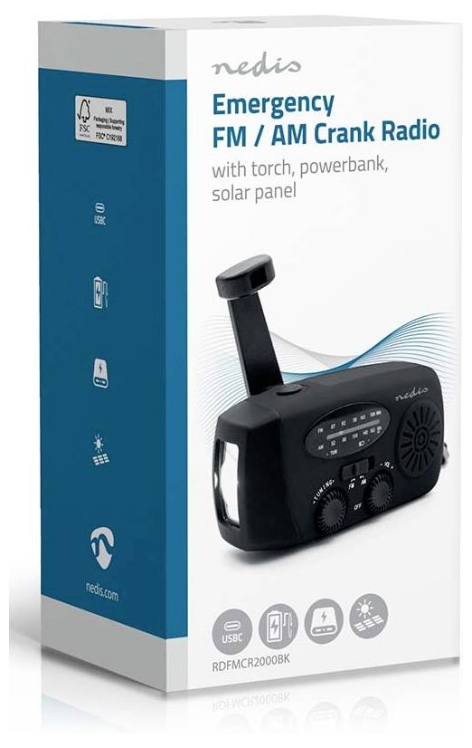Krabičkové balení "Nedis Emergency FM/AM Klikací Rádio" s funkcemi: svítilna, powerbank, solární panel. Součástí balení je obrázek rádia.