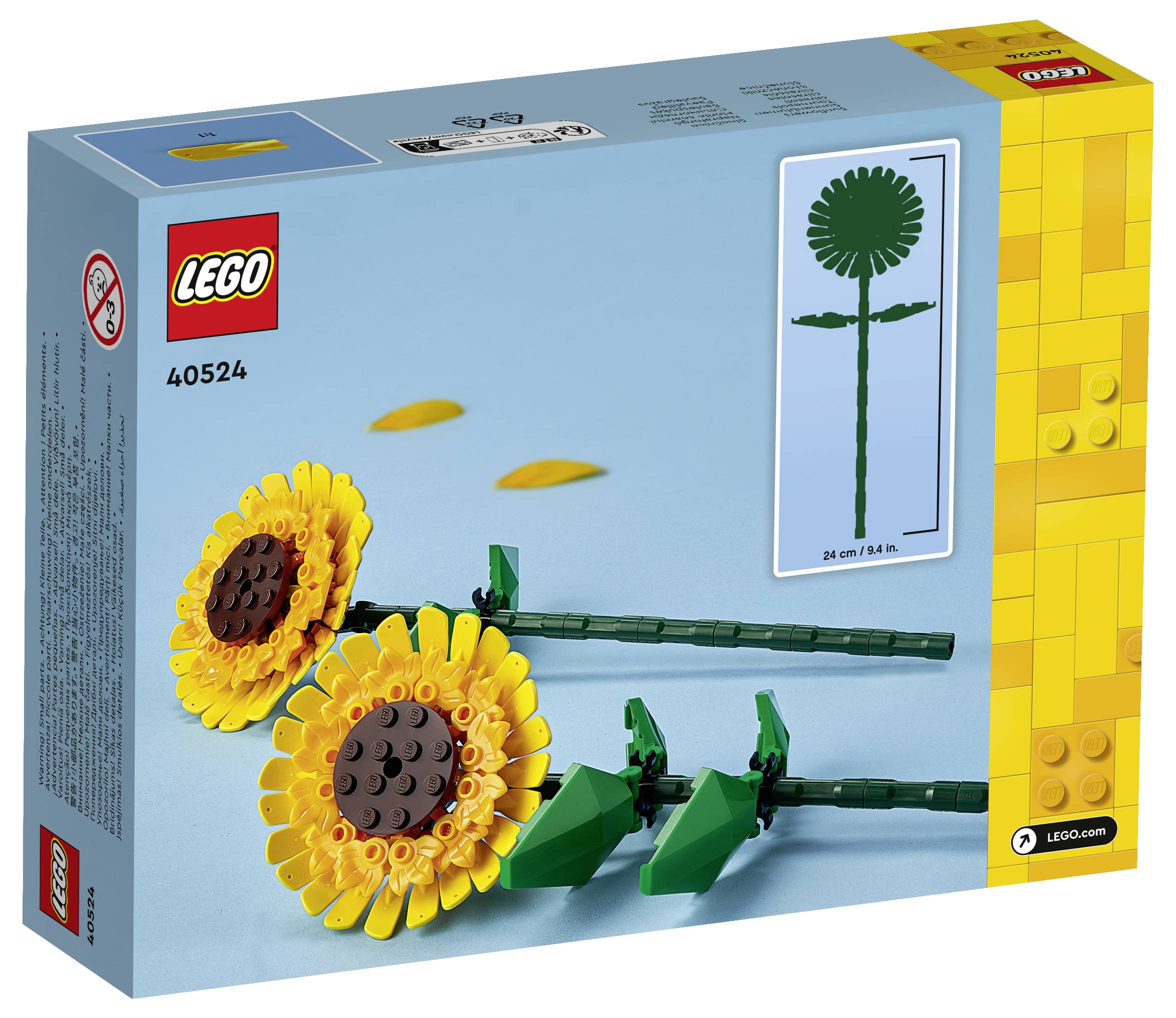 Krabice LEGO sady s obrázkem modelů slunečnic vyrobených z kostek LEGO, zobrazující dvě slunečnice se žlutými okvětními lístky a zelenými stonky.