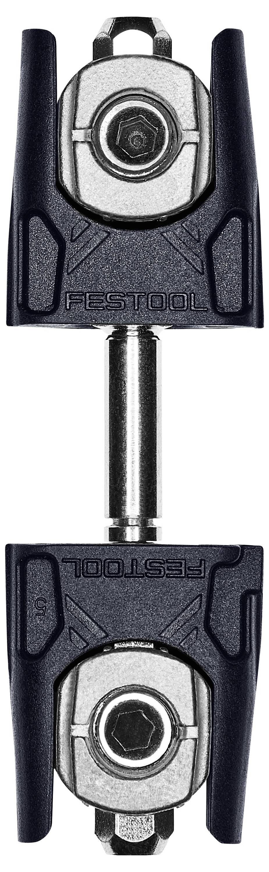 Černobílý konektor Festool zobrazený ze dvou úhlů, používaný pro spojování součástí v nářadích nebo strojích.