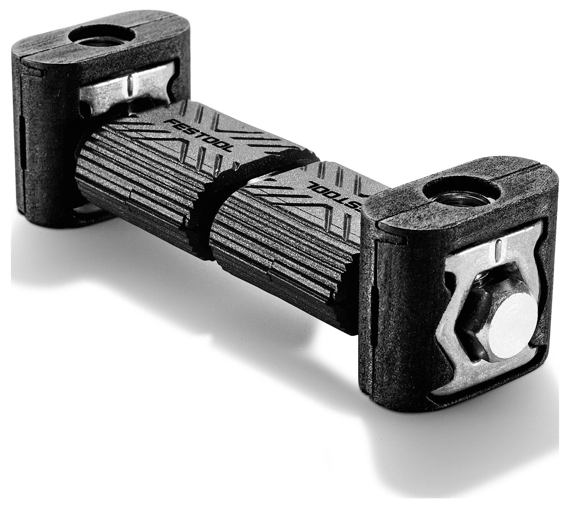 Detailní záběr černého konektoru Festool DOMINO se vzájemně se propojujícími díly a strukturovaným povrchem, který slouží k bezpečnému spojování dřevěných kusů.