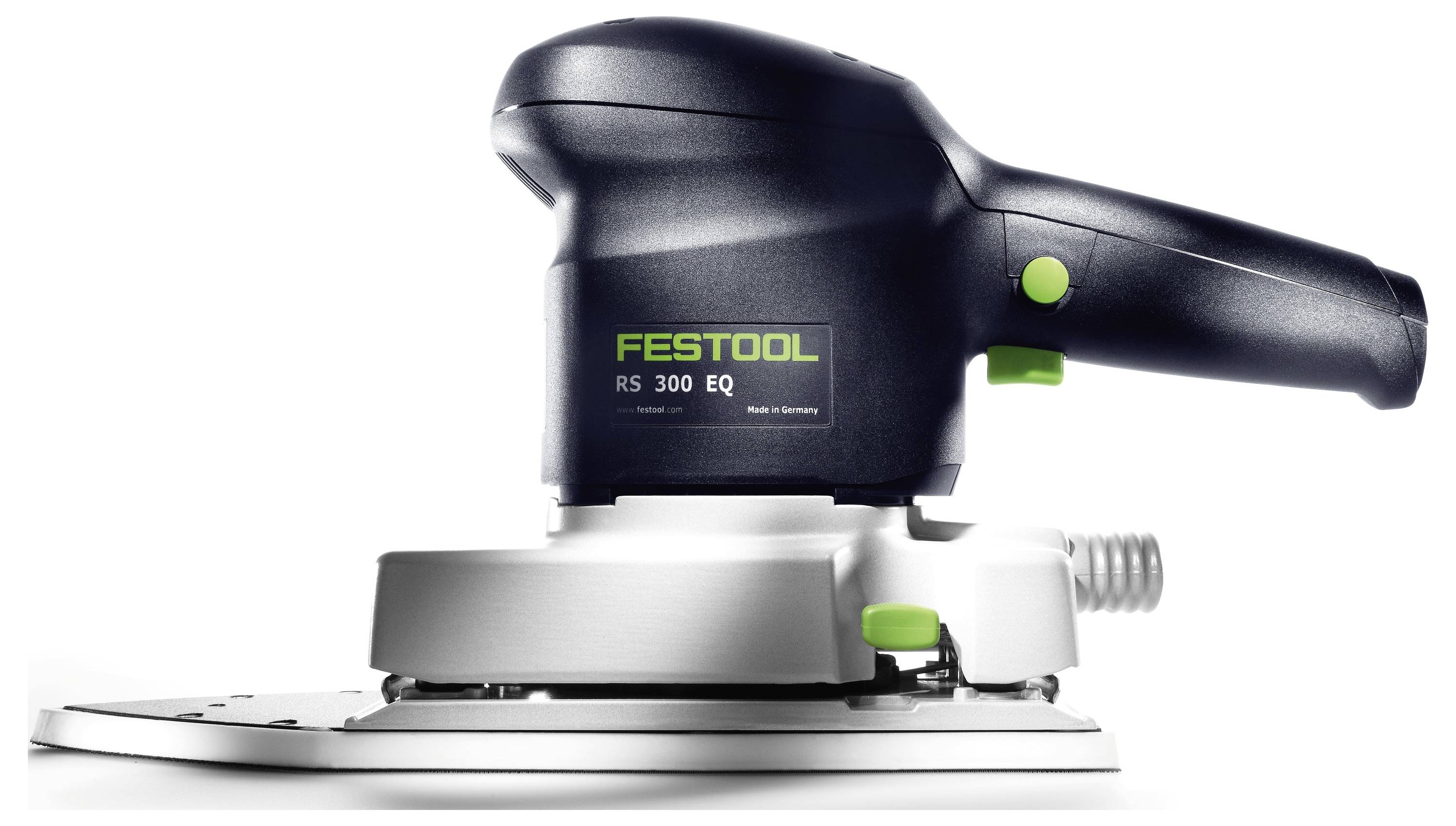Bruska Festool RS 300 EQ, černá a stříbrná s zelenými akcenty, pohled ze strany, vyzdvihující rukojeť a podstavu.