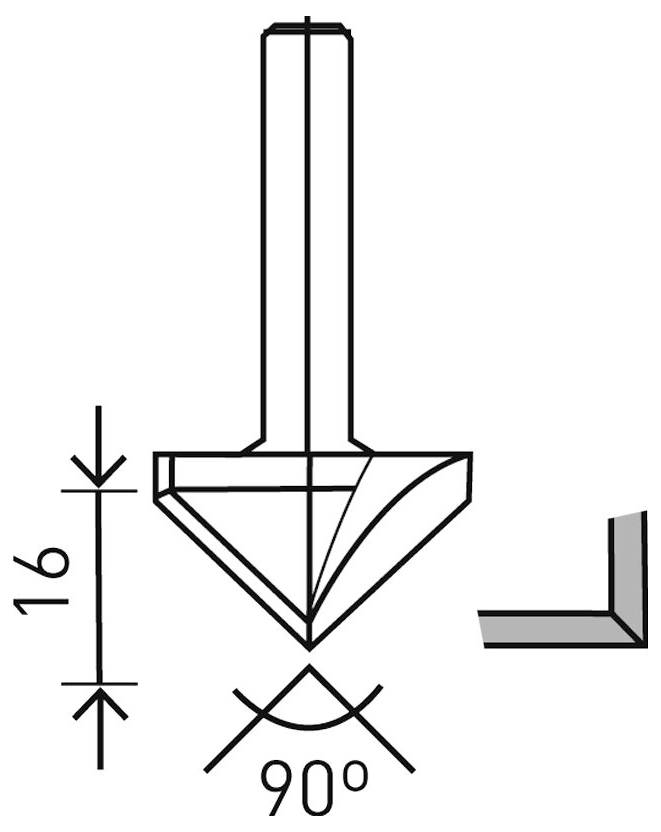 Diagram 90stupňového V-tvarovaného frézy s hloubkou 16 mm, zobrazený v přední a boční projekci.