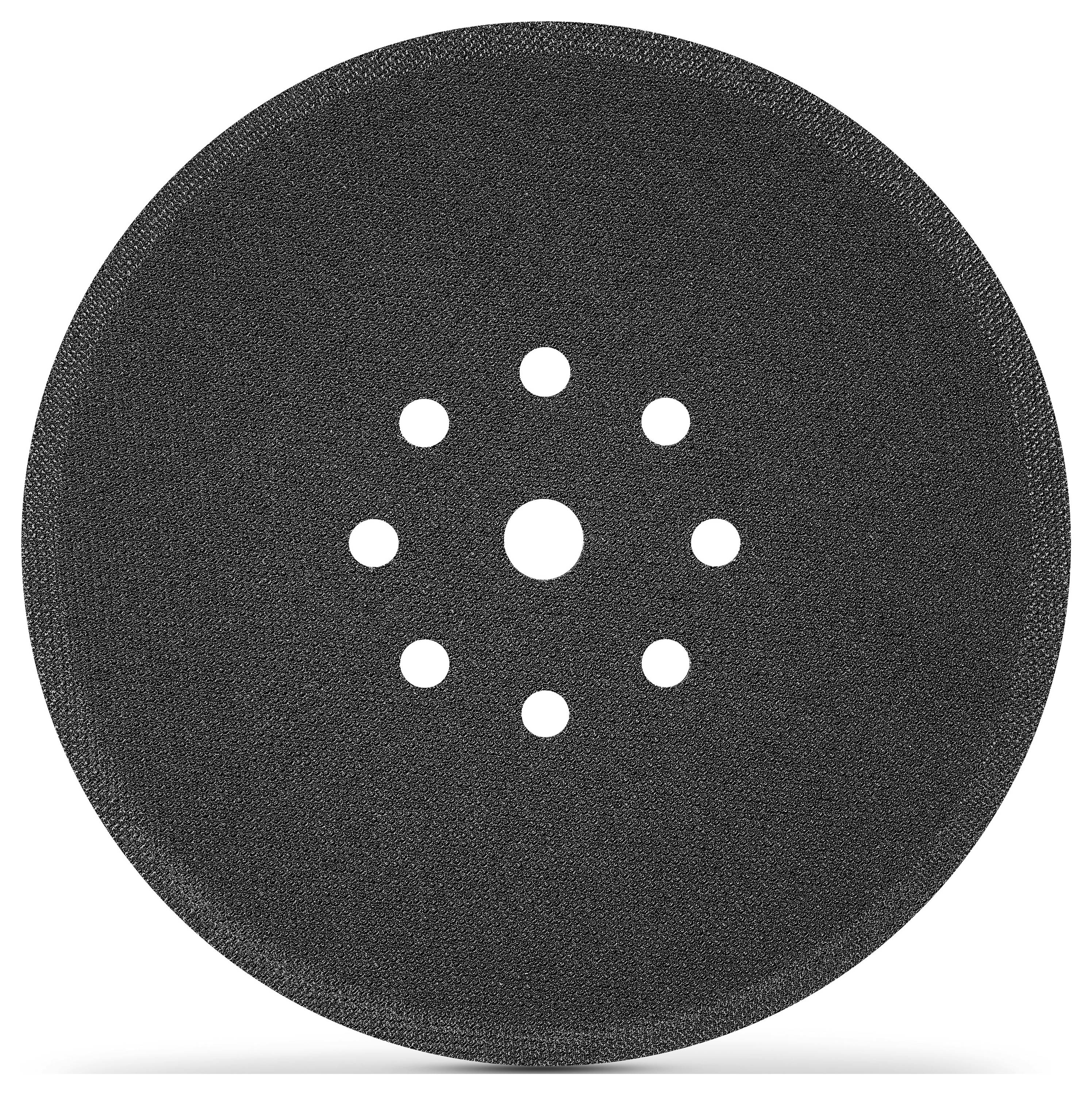 Černý kulatý brusný disk s devíti otvory uspořádanými v kruhovém vzoru.