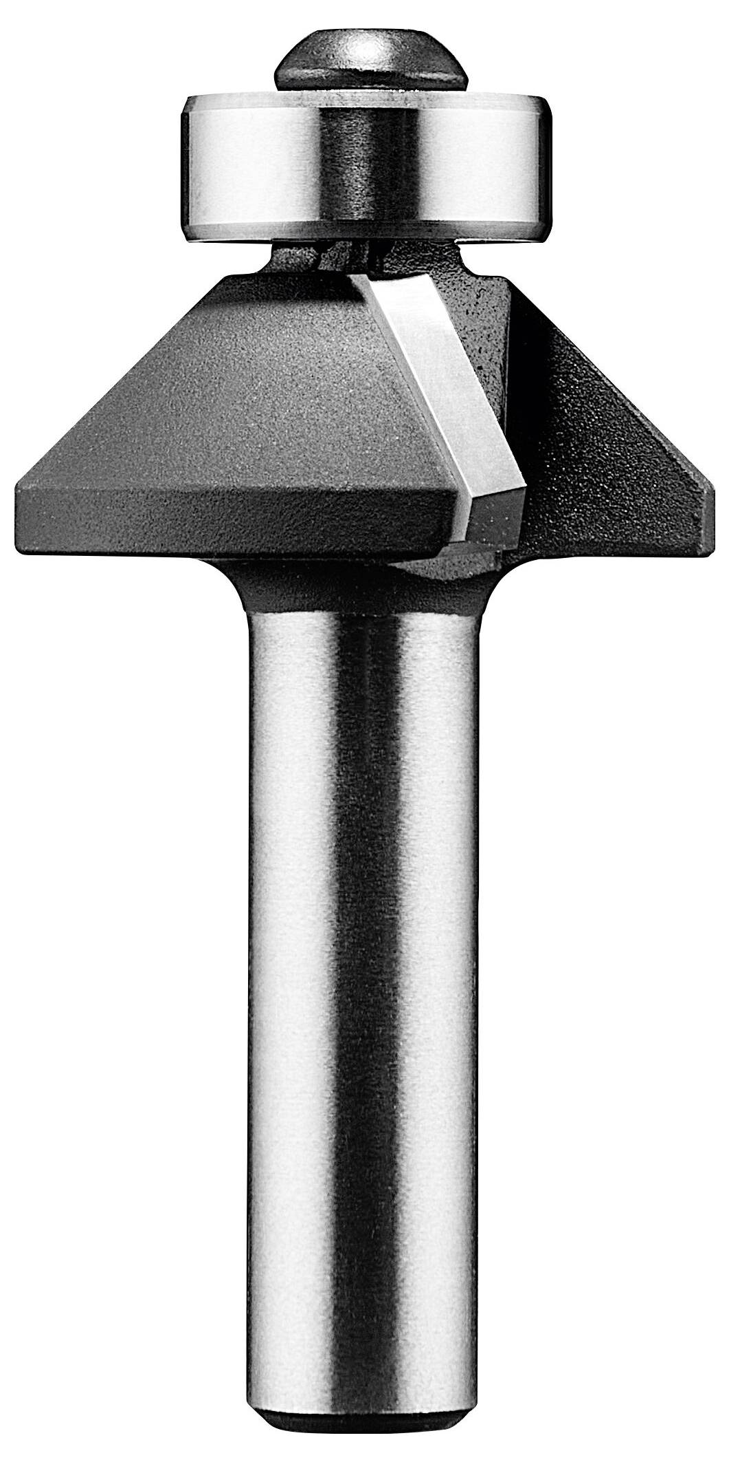 Frézovací bit s kulatou horní hranou a ostrým řezným okrajem, používaný k tvarování a dokončování dřevěných povrchů.