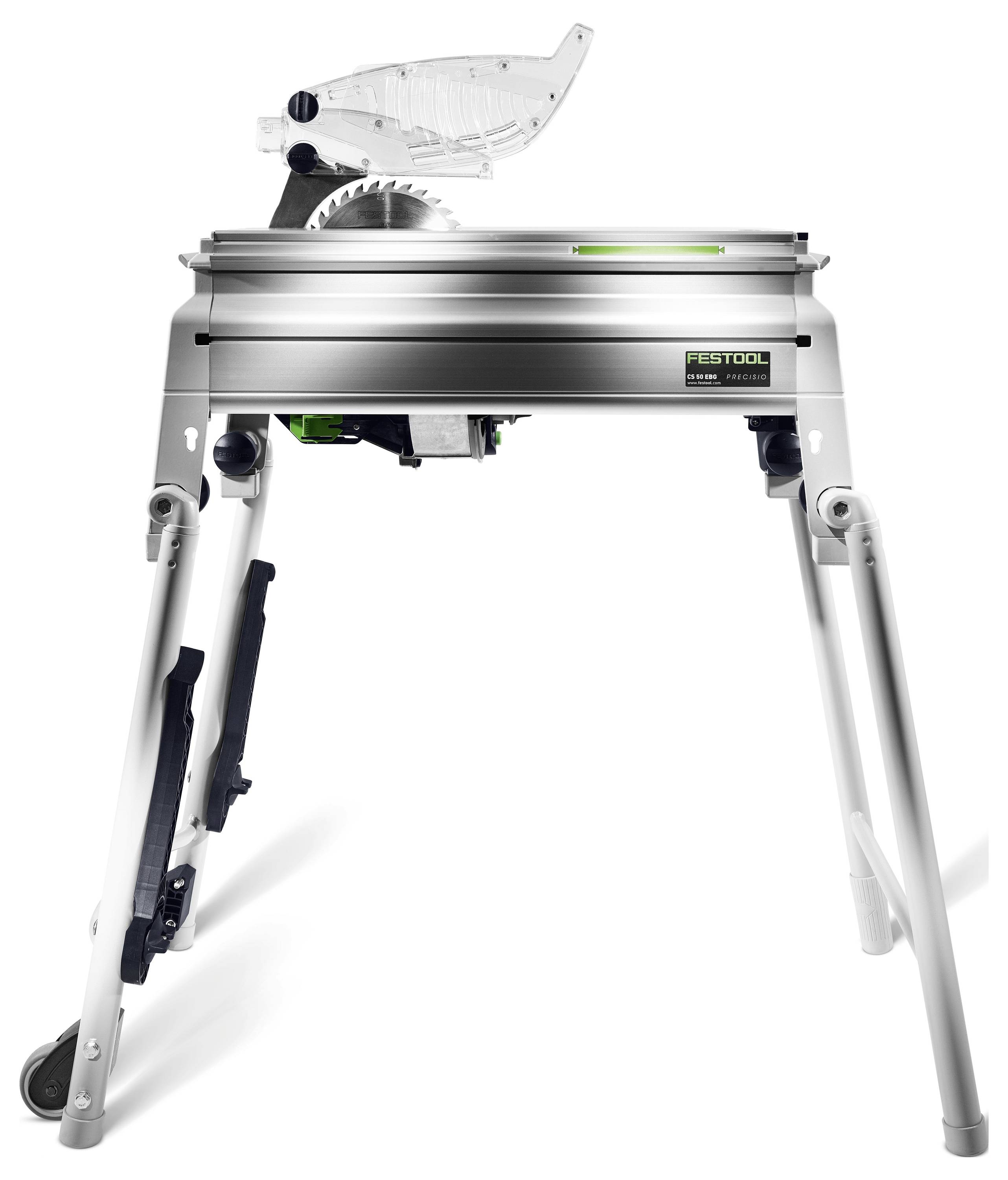 Pilová pila na pokosování z kovu na skládacím stojanu s kruhovou pilou částečně krytou průhledným ochranným krytem. Je viditelné logo značky „Festool".