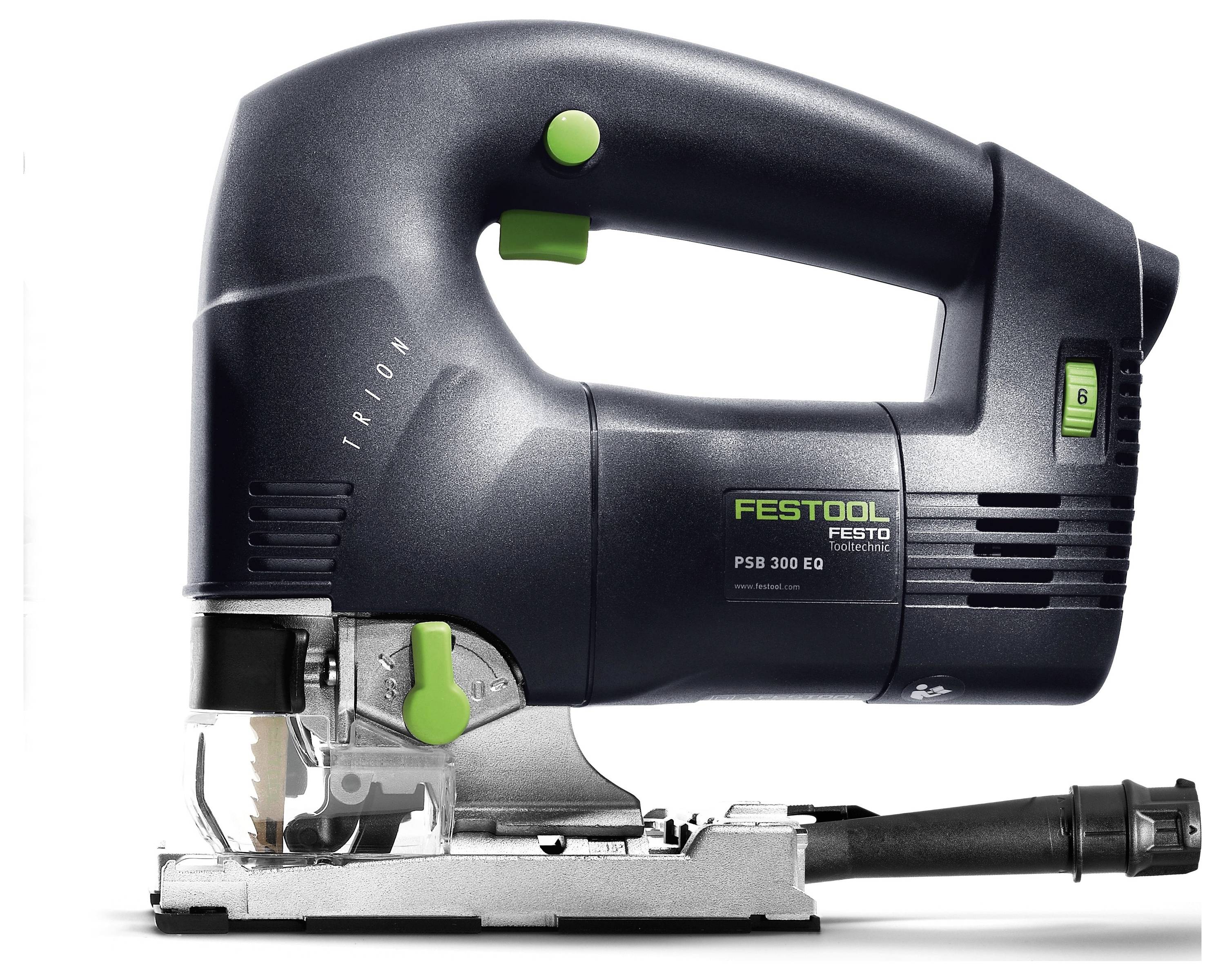 Černá přesná pilka Festool se zelenými tlačítky a viditelným listem, navržená pro přesné řezání.