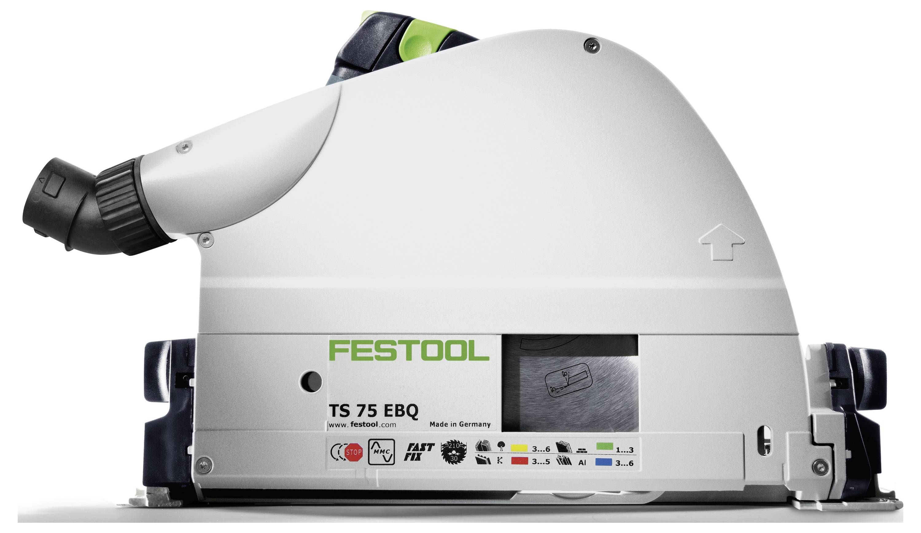 Bílá a zelená souprava nástrojů Festool je otevřena na dřevěném stole a odhaluje přihrádky plné různých nástrojů a součástí.