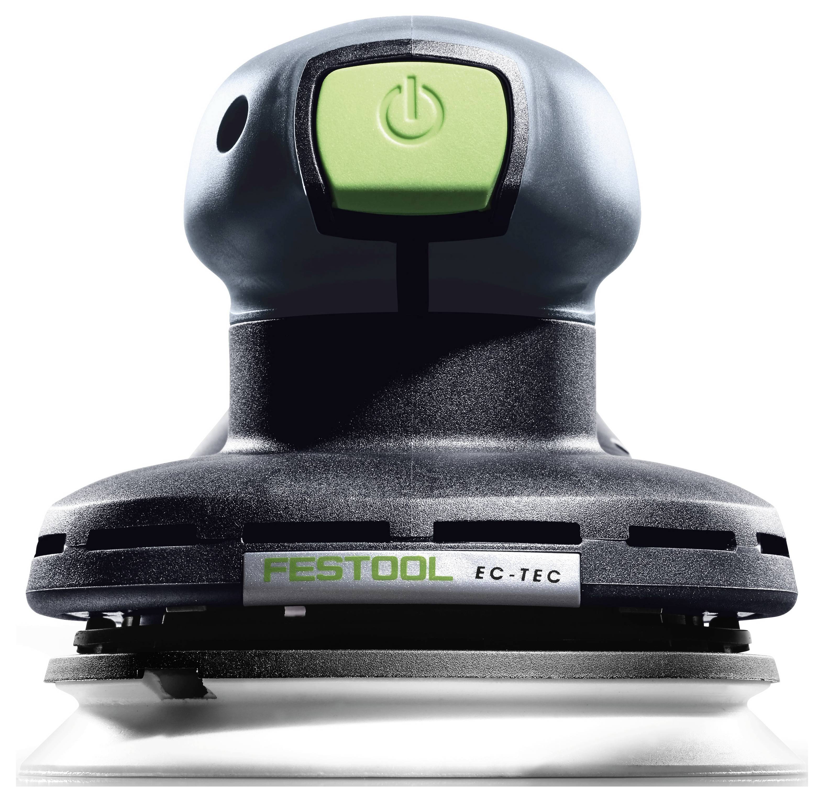 Bruska Festool v detailním pohledu s viditelným štítkem „EC-TEC" a zeleným tlačítkem napájení, kterým se předvádí její moderní design a značka.