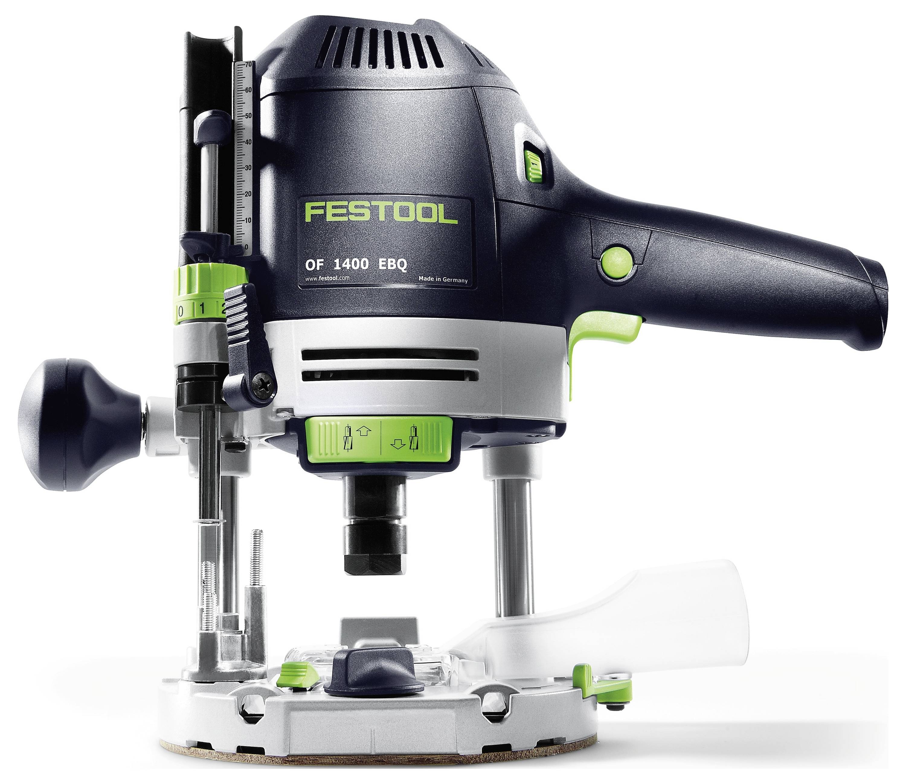 Frézka Festool OF 1400 v modré a zelené barvě, zobrazená z boku, s vyznačením jejích ovládacích prvků, nastavovacích knoflíků a stabilní základny pro přesné tesařské práce.