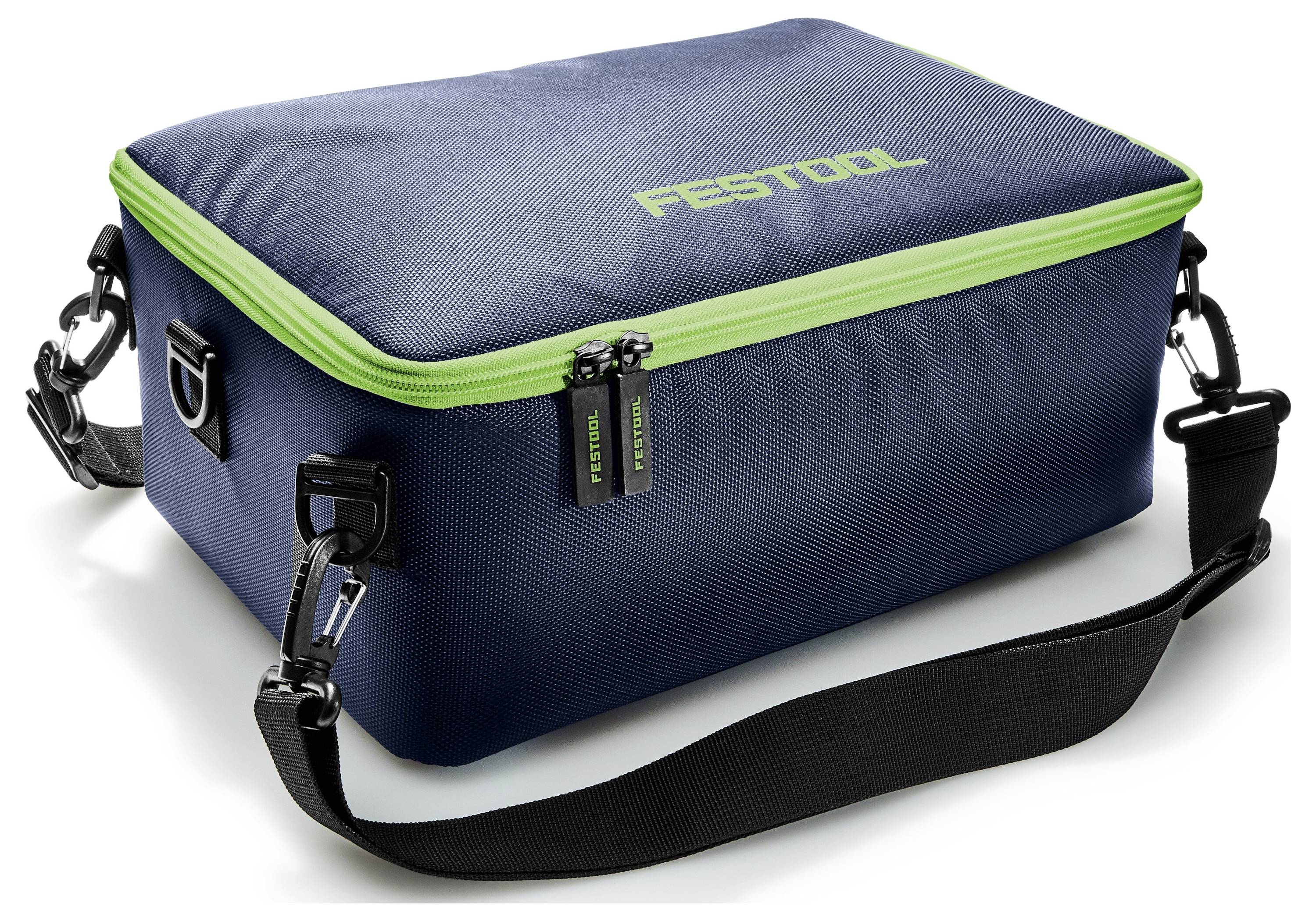 Modrá a zelená izolační taška na jídlo s černým nastavitelným ramenním páskem a logem "FESTOOL" nahoře.
