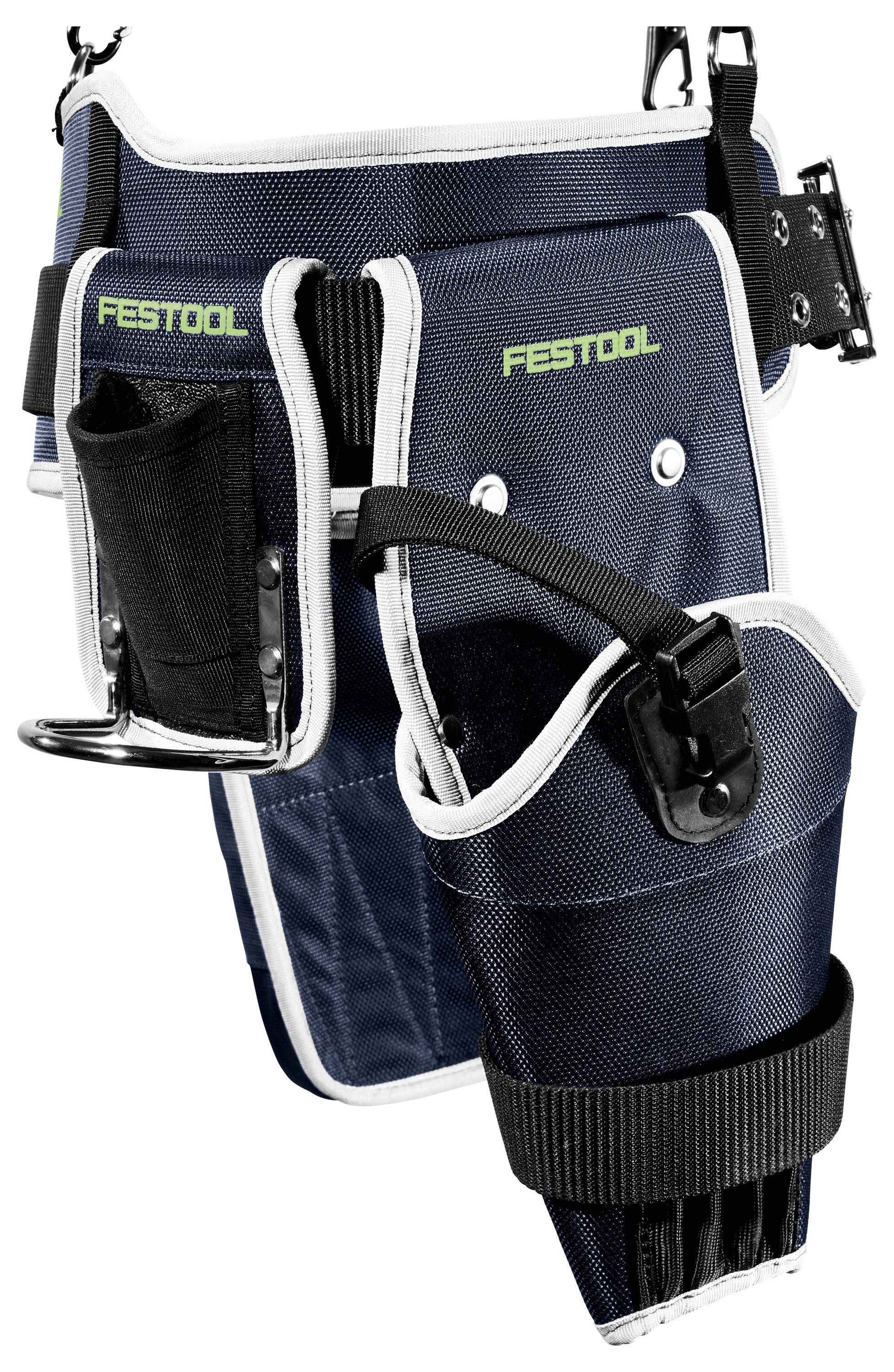 Modrý pracovní pás s různými kapsami a smyčkami, označený 'FESTOOL,' navržený pro nošení nářadí a vybavení během pracovních úkolů.