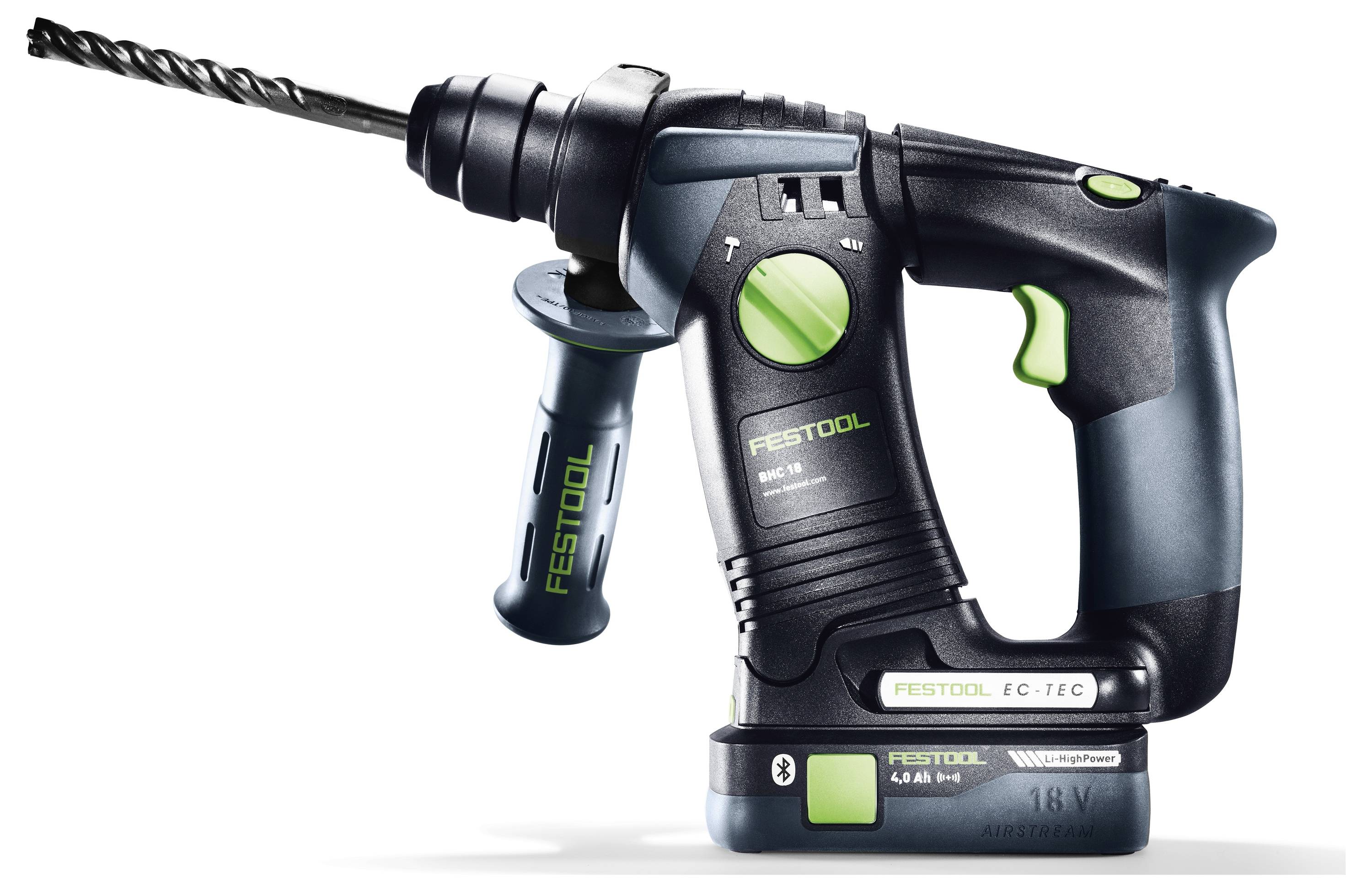 Festool bezdrátová vrtačka se zeleným a černým designem, ukazující ovládací tlačítka a připevněný vrták. Modely: BHC 18, EC-TEC.