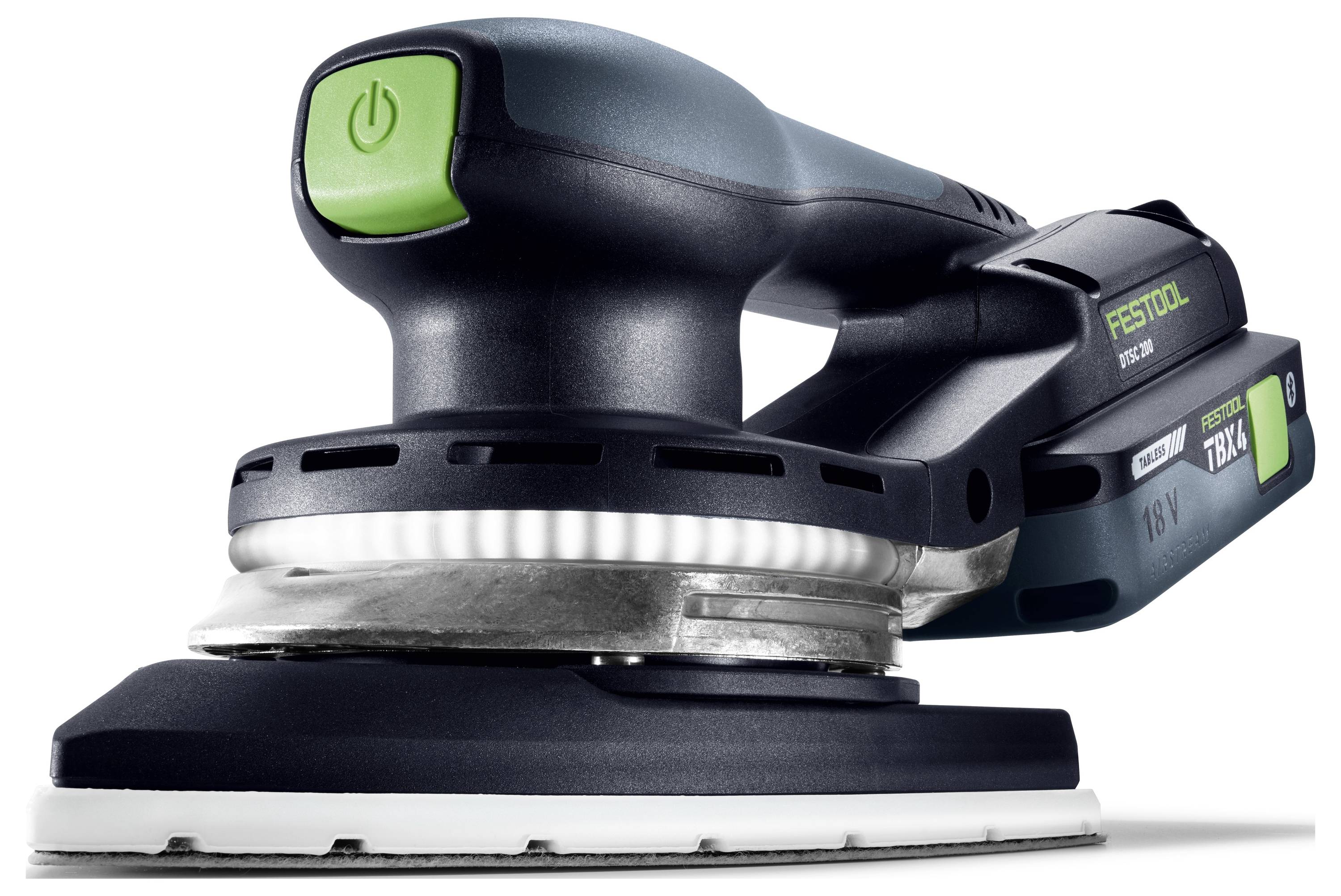 Detailní záběr ruční elektrické brusky se zeleným tlačítkem napájení. Model je na straně označen jako Festool RTSC 400, 18V.