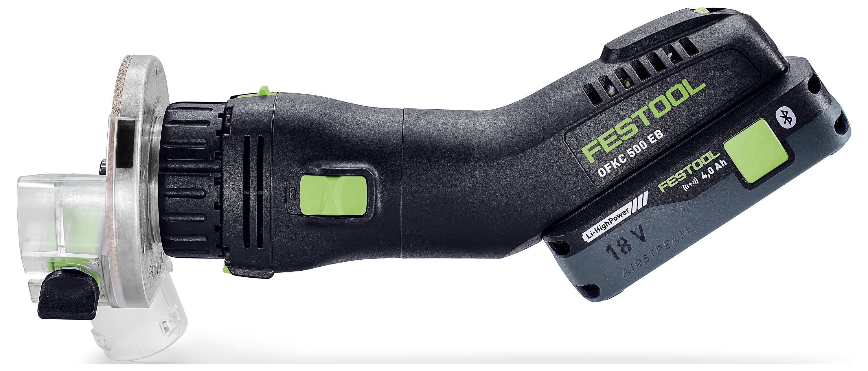 Černá a zelená bezdrátová pila Festool s transparentní ochrannou přilbou nože, zobrazující logo Festool a baterii 18V, orientovaná na bok.
