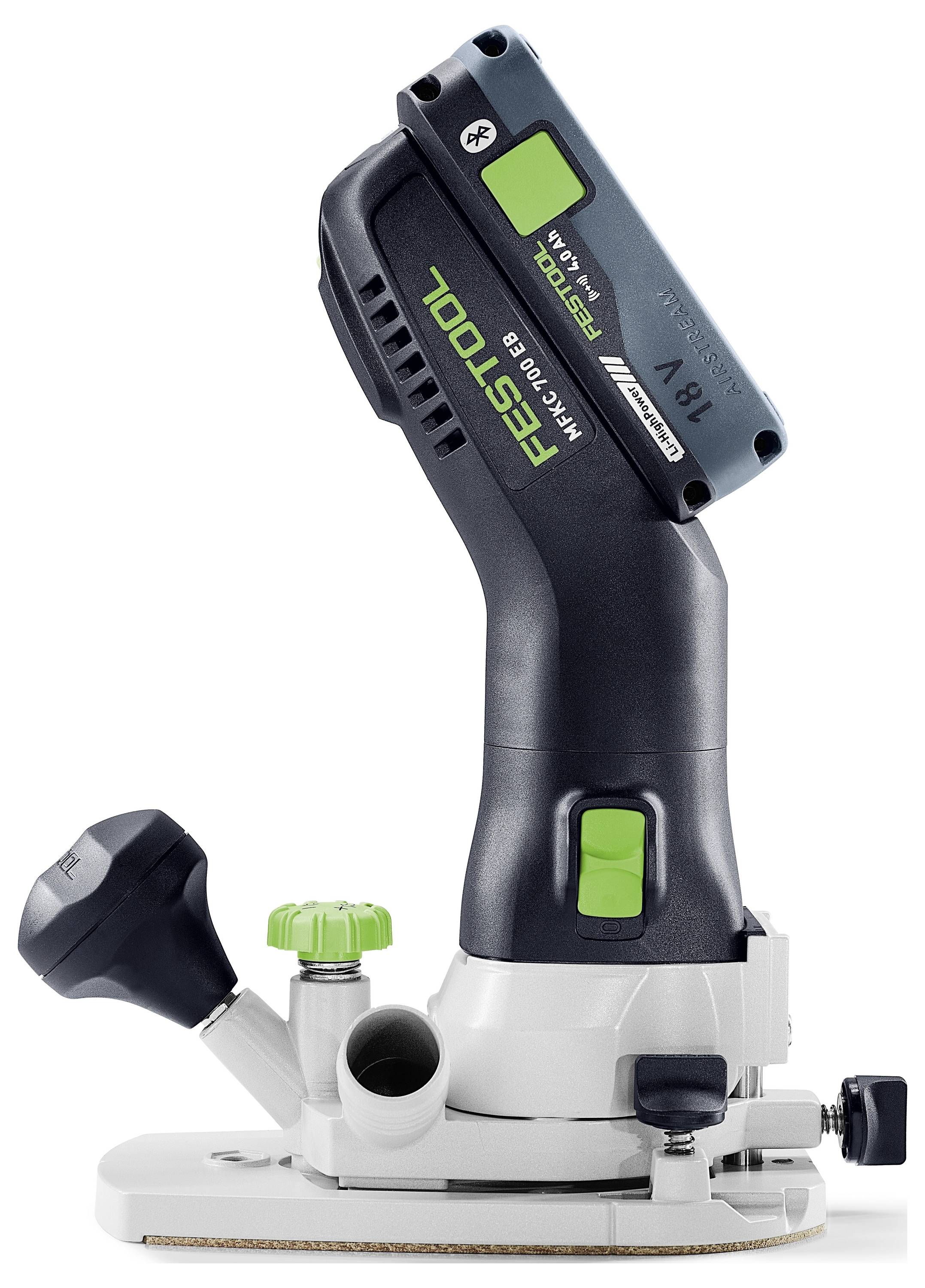 Bezdrátový ruční obrážečový nástroj značky Festool s ergonomickou rukojetí, regulačními knoflíky a viditelným akumulátorem, určený pro přesné tesařské práce.