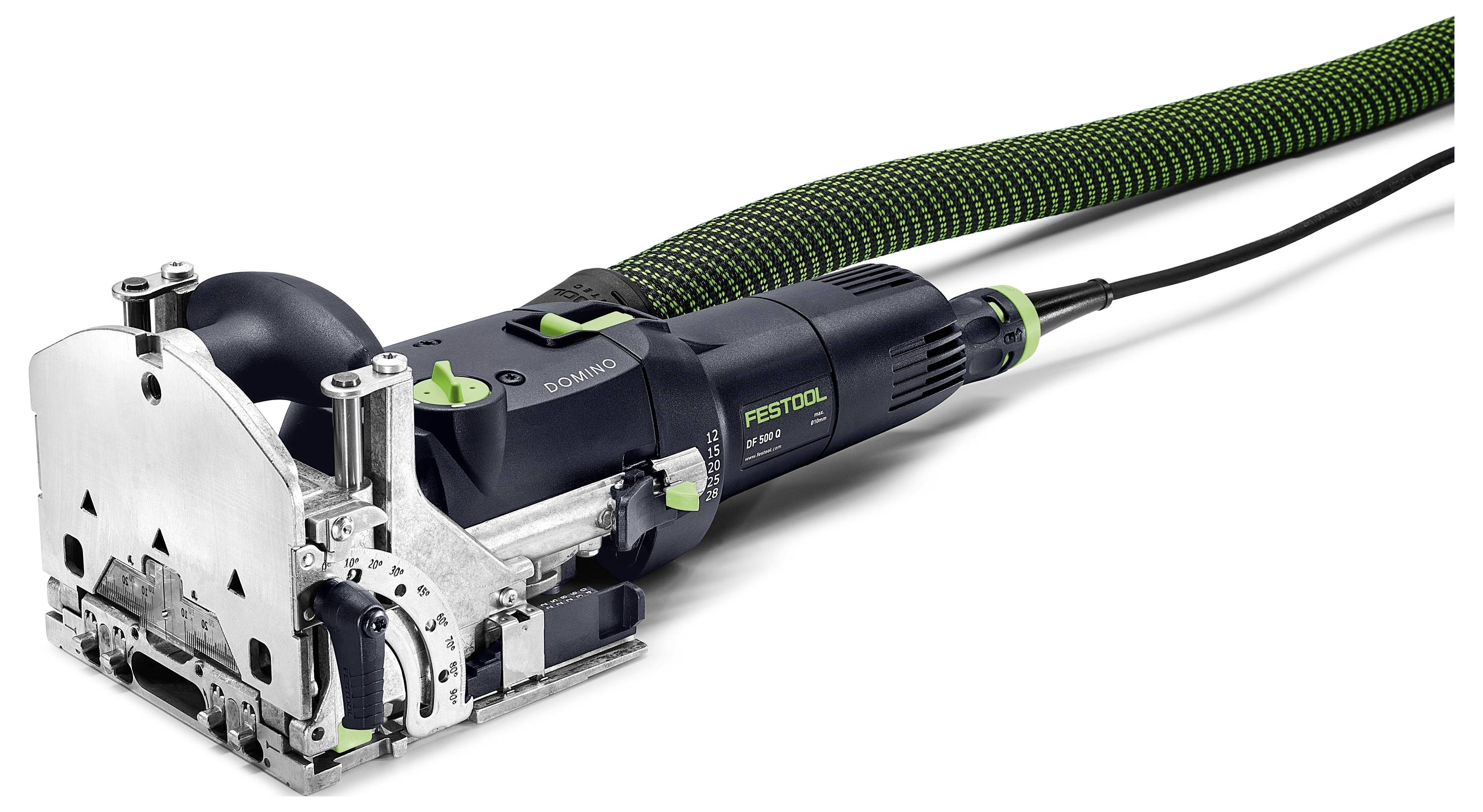 Ruční elektrické nářadí, Festool Domino Jointer, zobrazeno s připojenou zelenou hadicí pro sběr prachu, používané k vytváření přesných spojů.