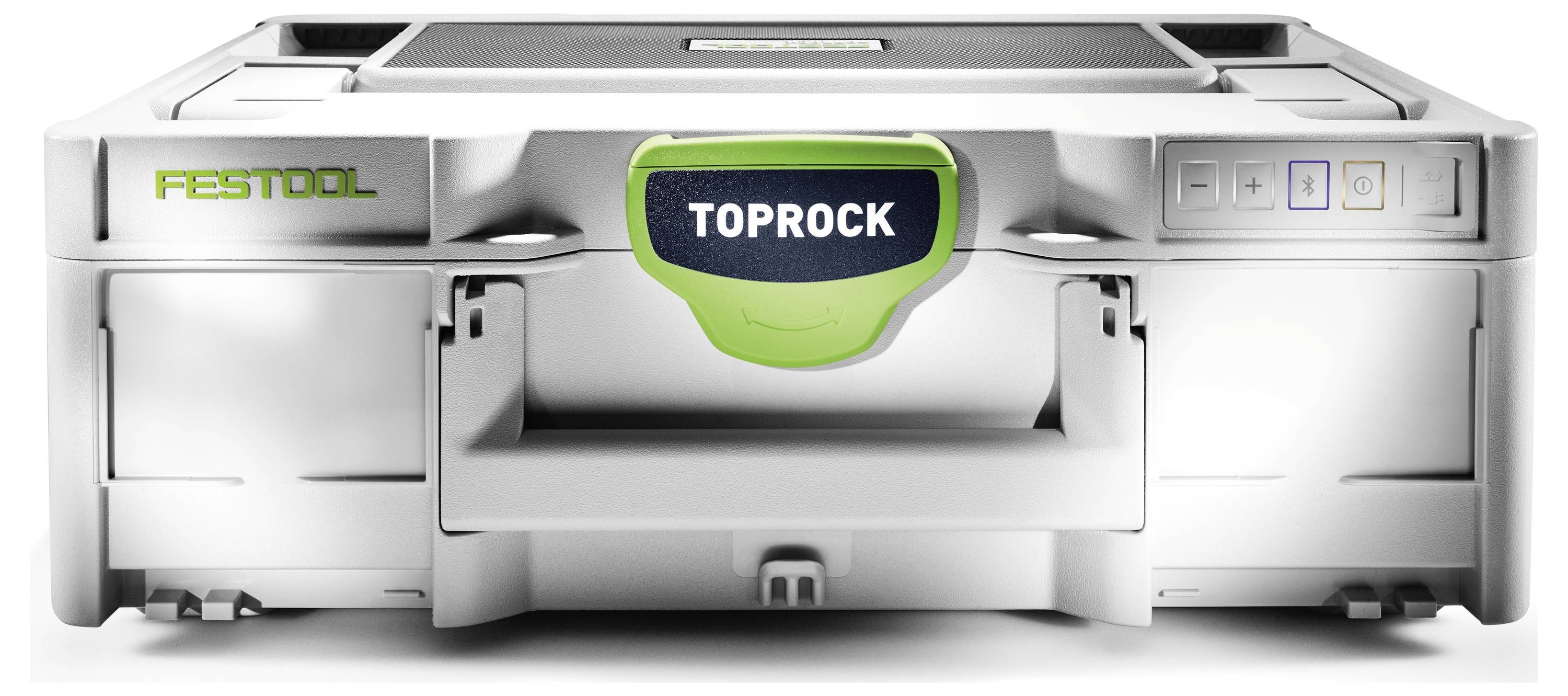 Přenosný reproduktor 'Festool Toprock' integrovaný do víka přepravky nářadí s ovládacími tlačítky na pravé straně, vhodný pro zvuk v pracovním prostoru.