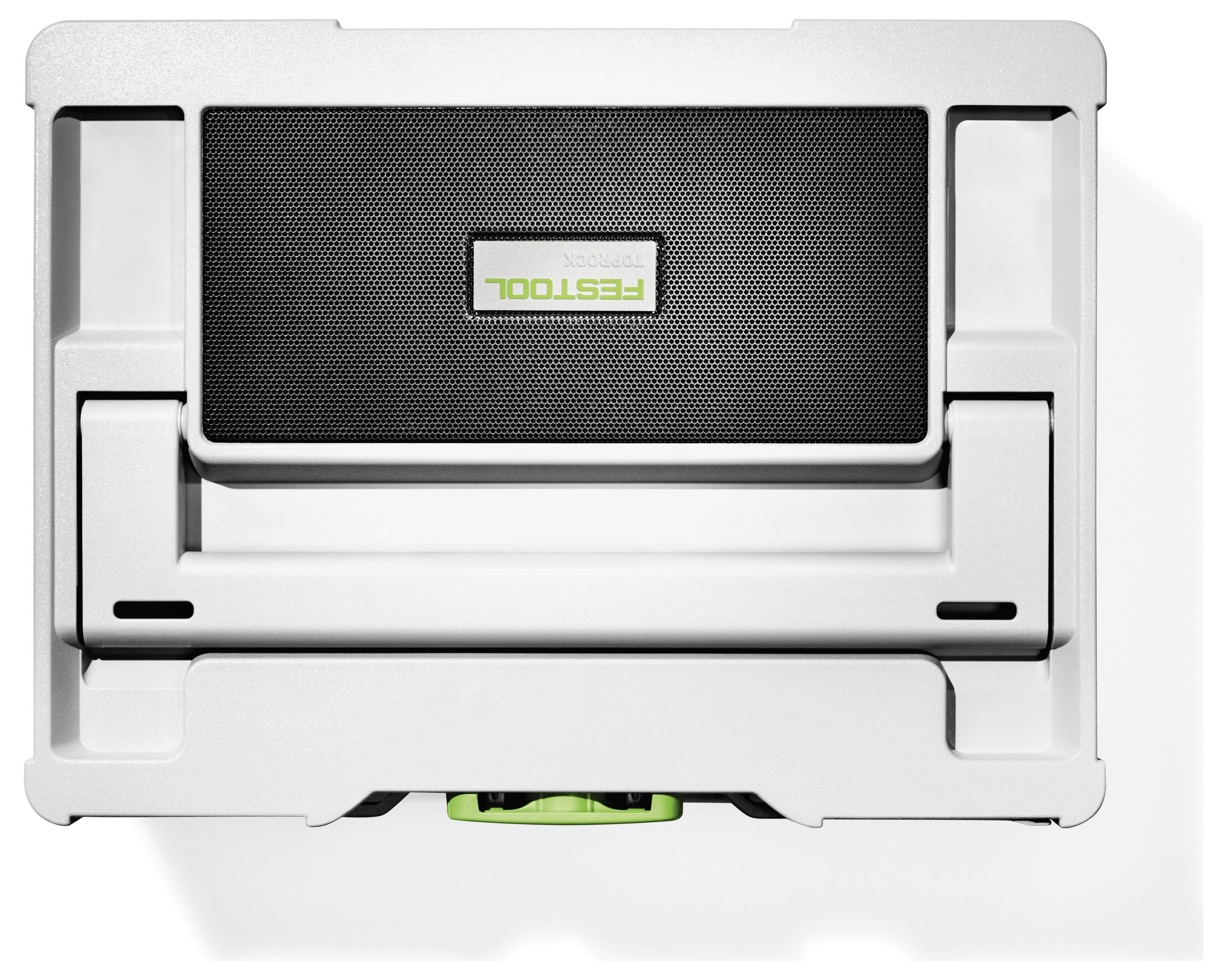 Pohled shora na Festool Systainer, robustní plastový úložný box s černým a zeleným designem, používaný k organizaci a přepravě nástrojů.
