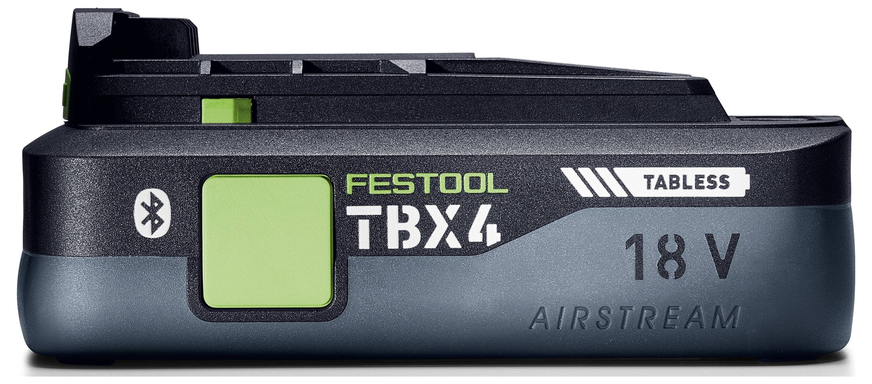 Baterie Festool Airstream TBX4 na 18V s Bluetooth a zeleným tlačítkem na straně.
