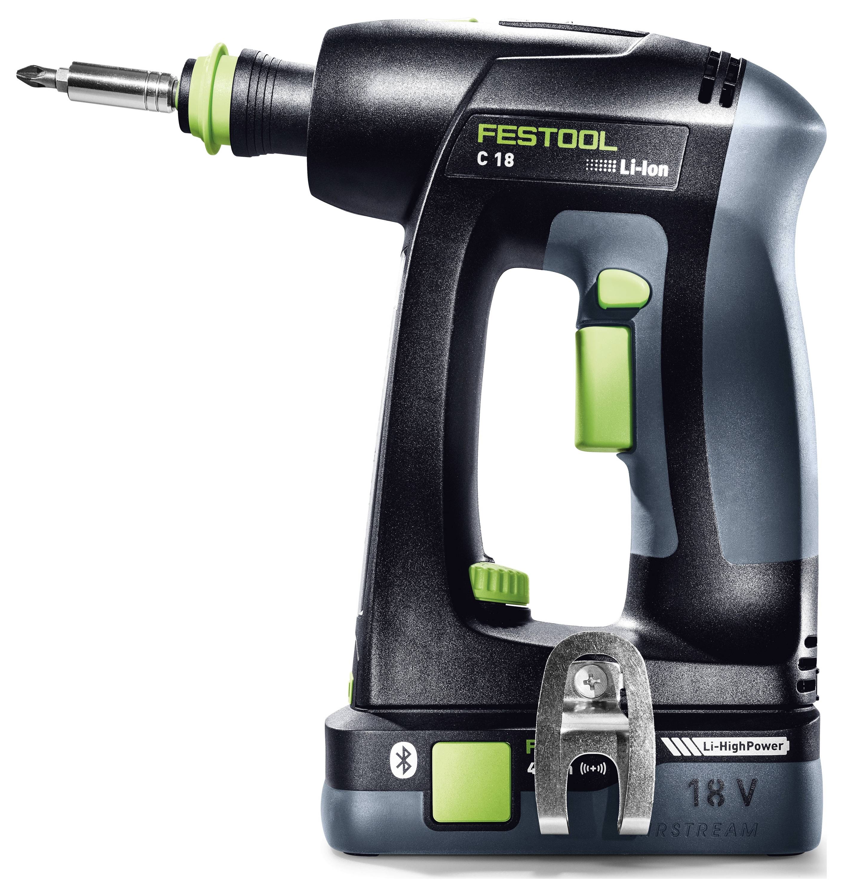 Bezdrátová vrtačka se černým a zeleným designem značená 'FESTOOL C 18'. Disponuje technologií Li-Ion a specifikací 18V.