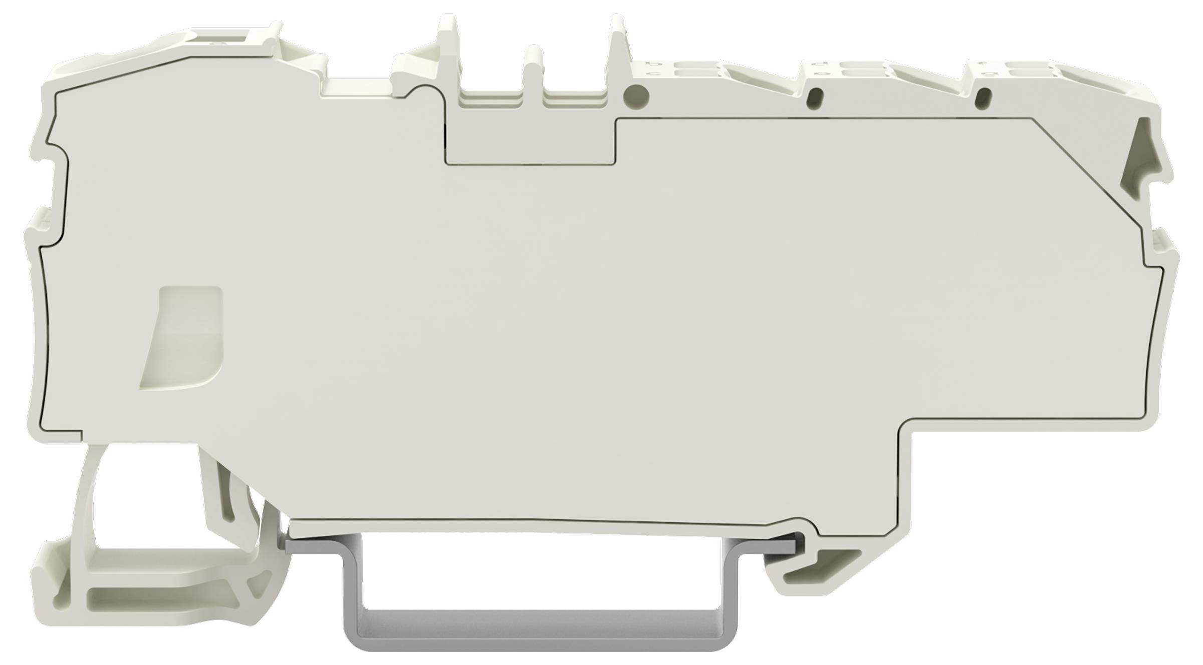 Bílý elektrický svorkový blok na DIN lištu s neutrálním designem, používaný pro připojování elektrických součástek v rozvodném panelu.
