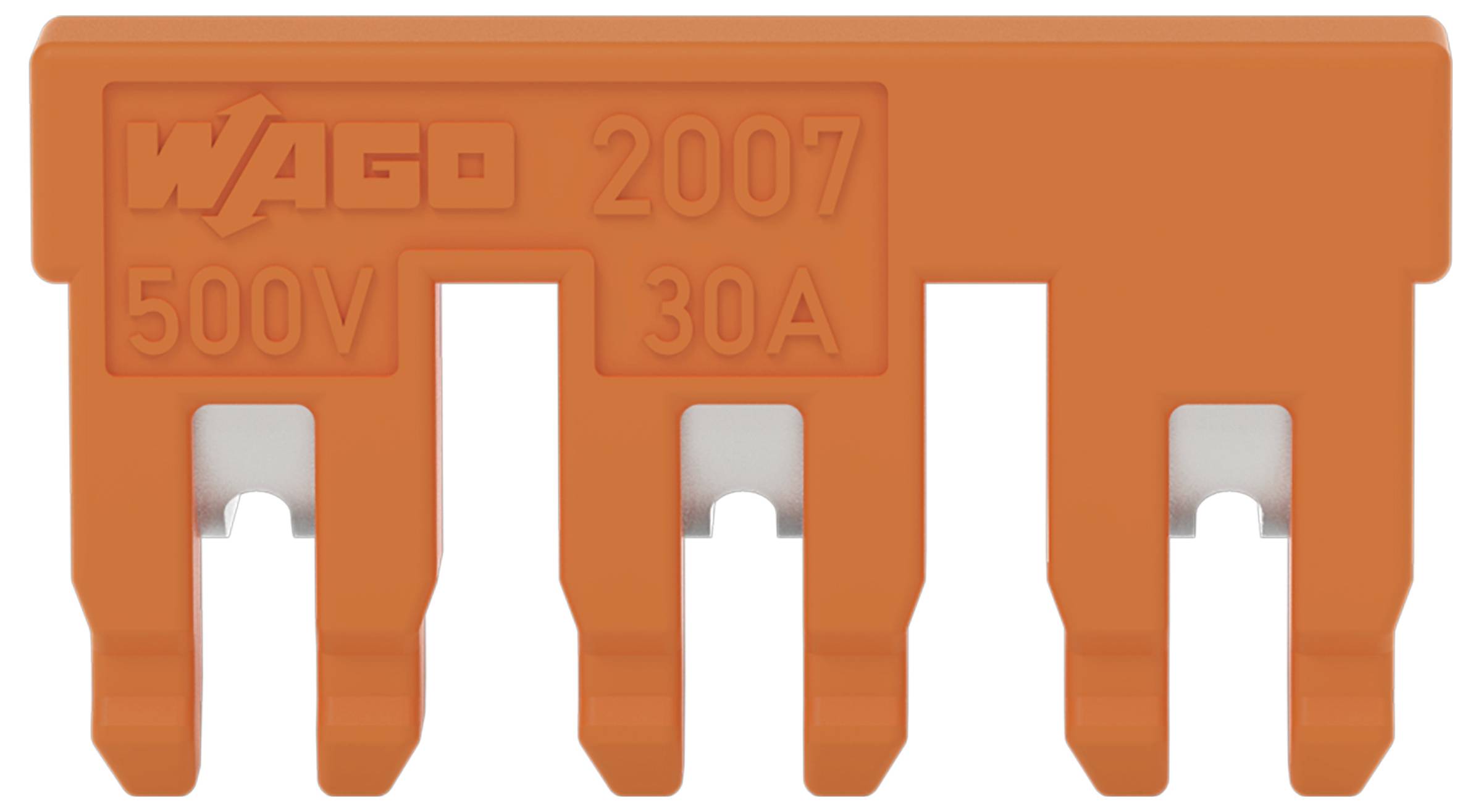 Oranžová elektrická součástka označená "WAGO 2007 500V 30A" s pěti sloty pro připojení vodičů, používaná v elektrických instalacích.