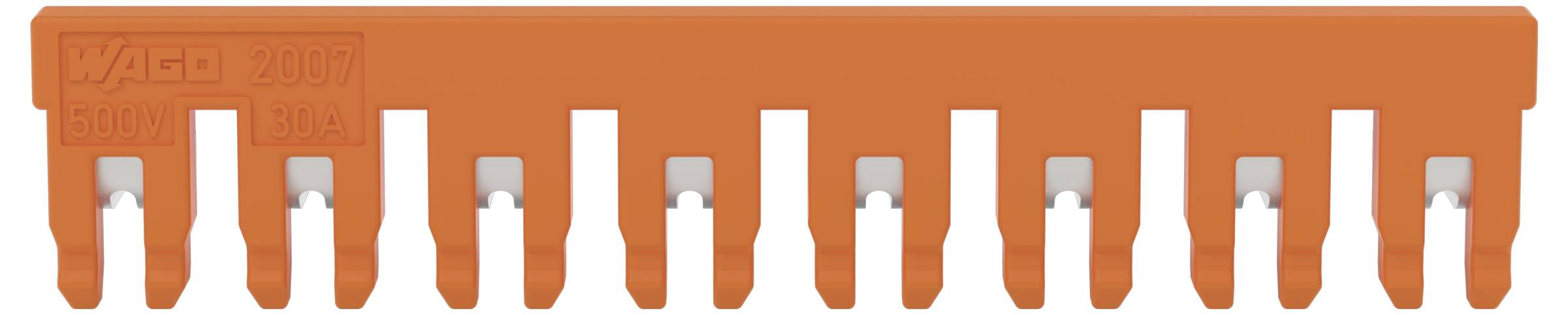 Oranžová souprava sběrnice konektoru Wago s deseti kovovými terminály pod sebou, používaná pro elektrické instalace.