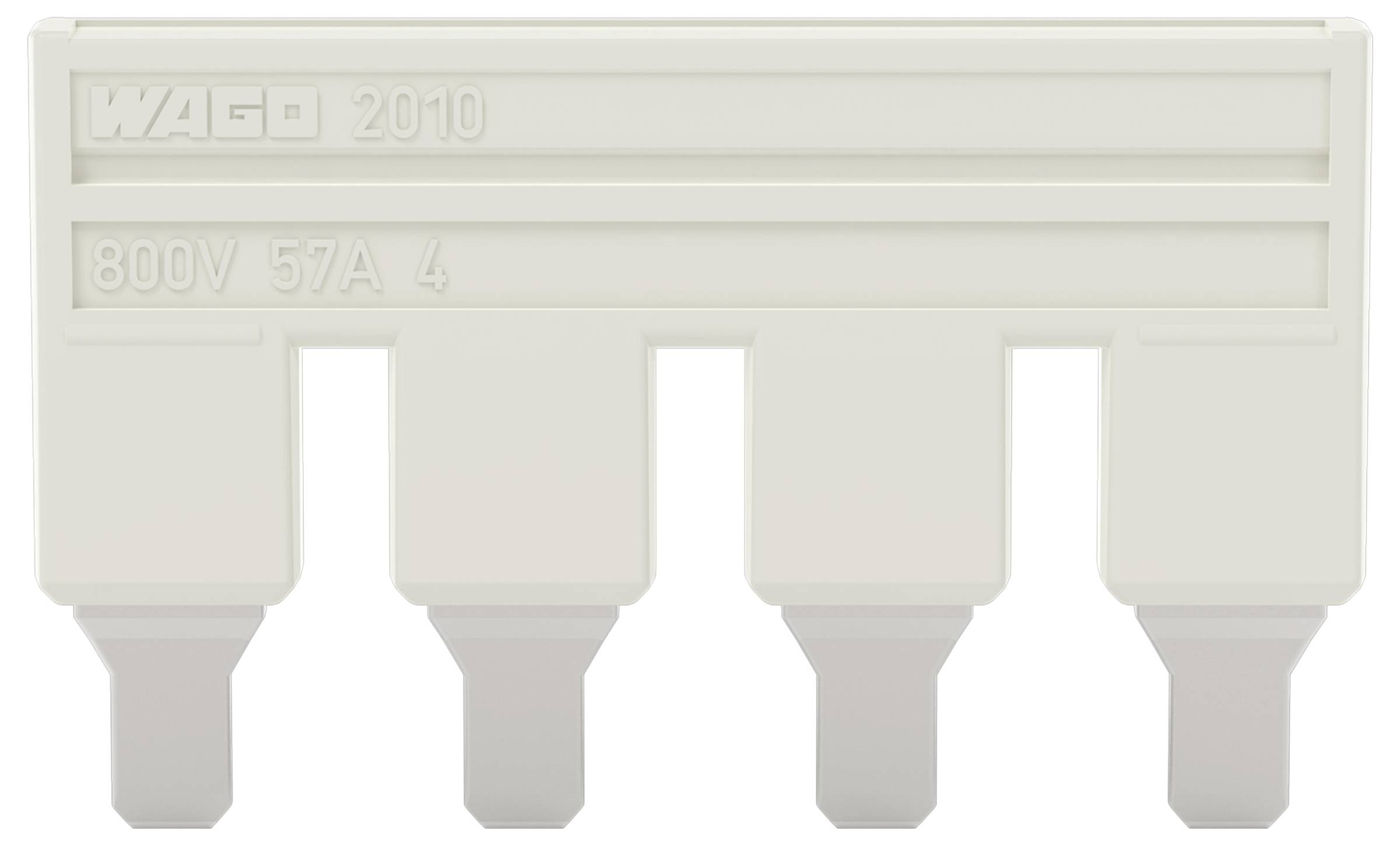 "WAGO 2010, 800V, 57A, 4" vyraženě na bílé plastové součástce se čtyřmi vyčnívajícími jazýčky.