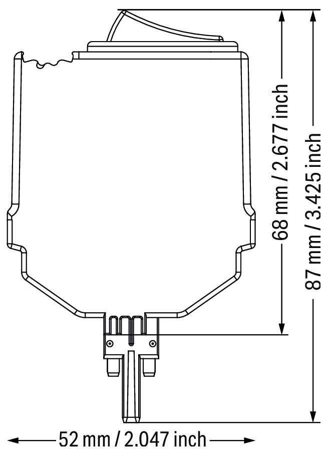 Diagram plastového kontejneru s měřeními: výška 87 mm (3,425 palce), šířka 52 mm (2,047 palce) a vnitřní výška 68 mm (2,677 palce).