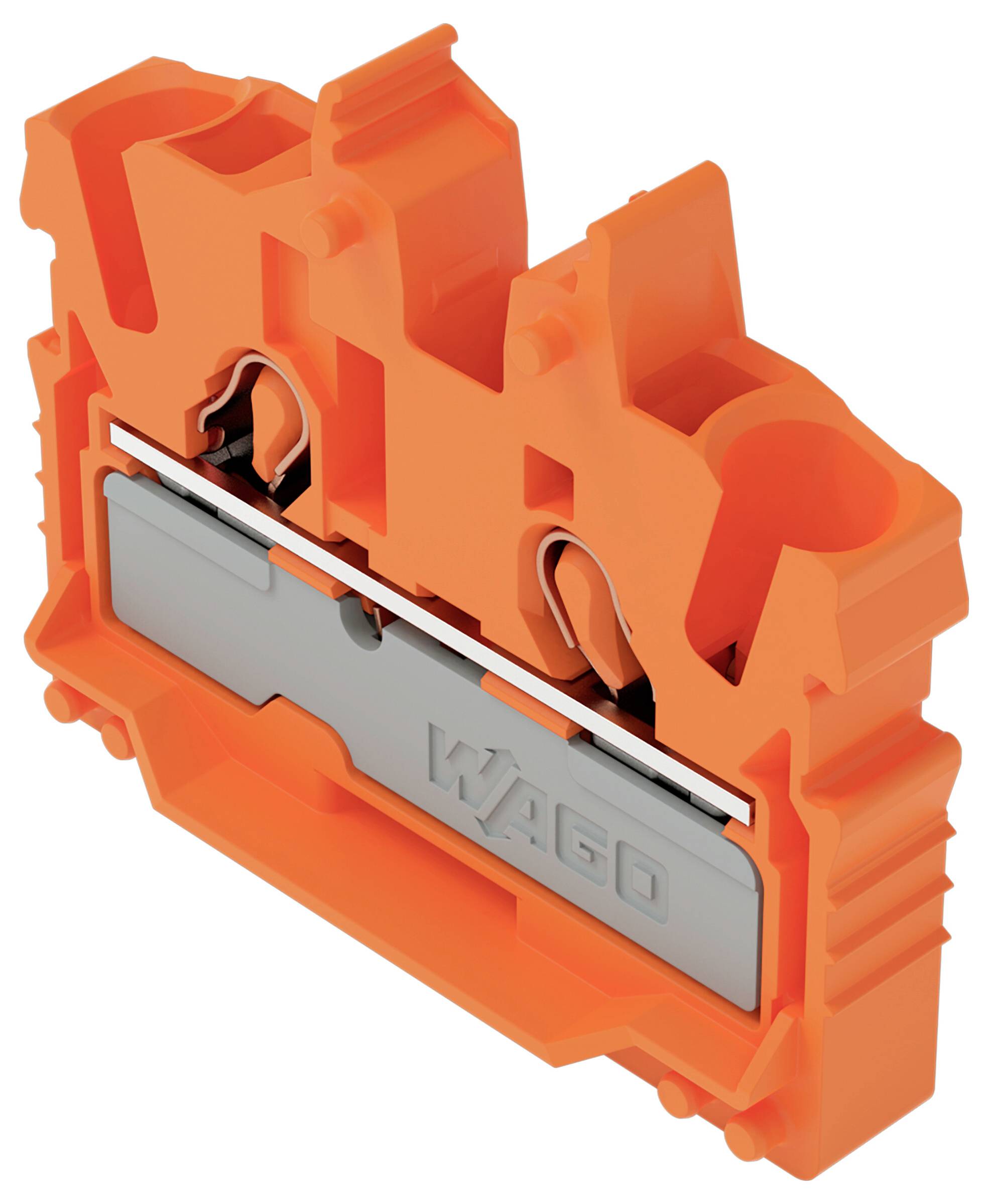 Oranžový a šedý elektrický svorkovnicový blok WAGO se dvěma vstupy pro vedení a konektory, používaný pro bezpečné elektrické připojení.