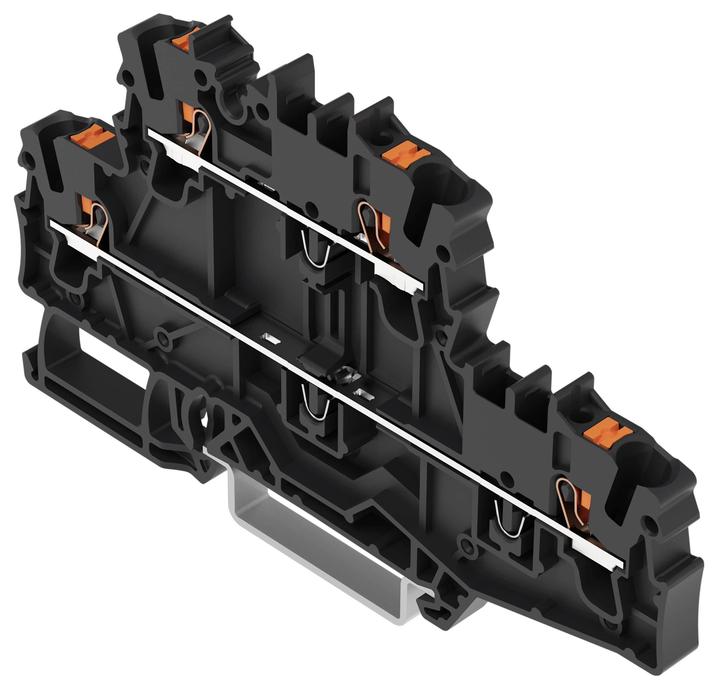 Černý a oranžový elektrický svorkovnicový blok s více body připojení pro vedení kabelů.
