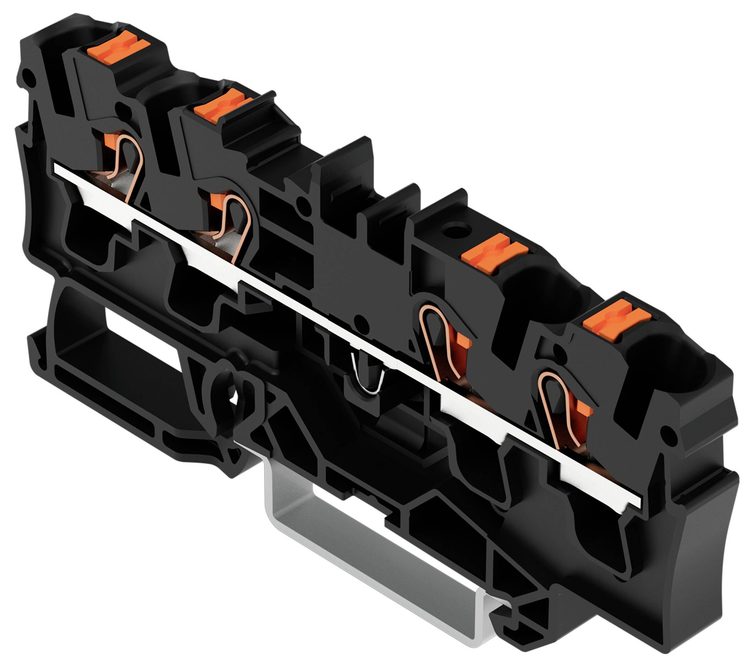 Černý a oranžový elektrický konektor s více spojovacími body, určený pro modulární systémy vedení.
