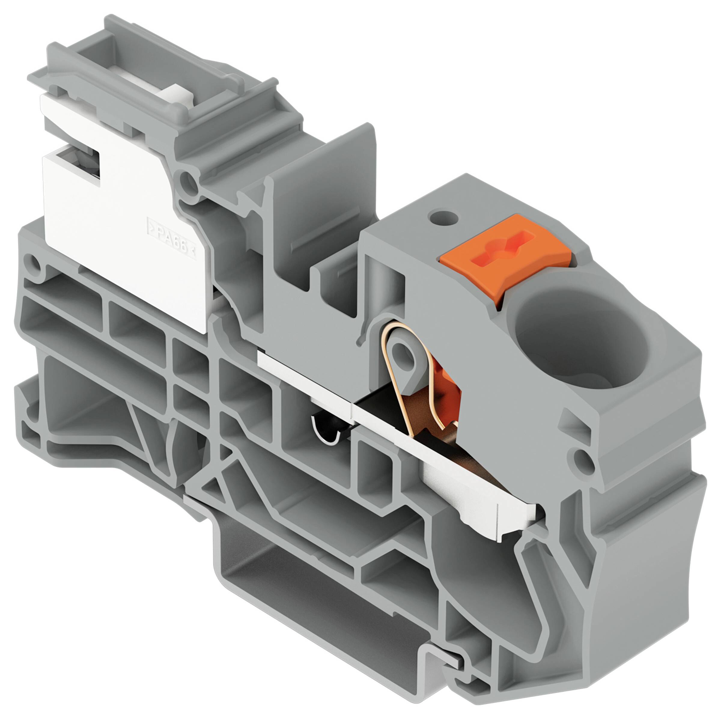Šedý a oranžový modulární elektrický svorkovnicový blok se pákovým svěrným mechanismem a vstupními body pro vedení na horní straně a stranách.
