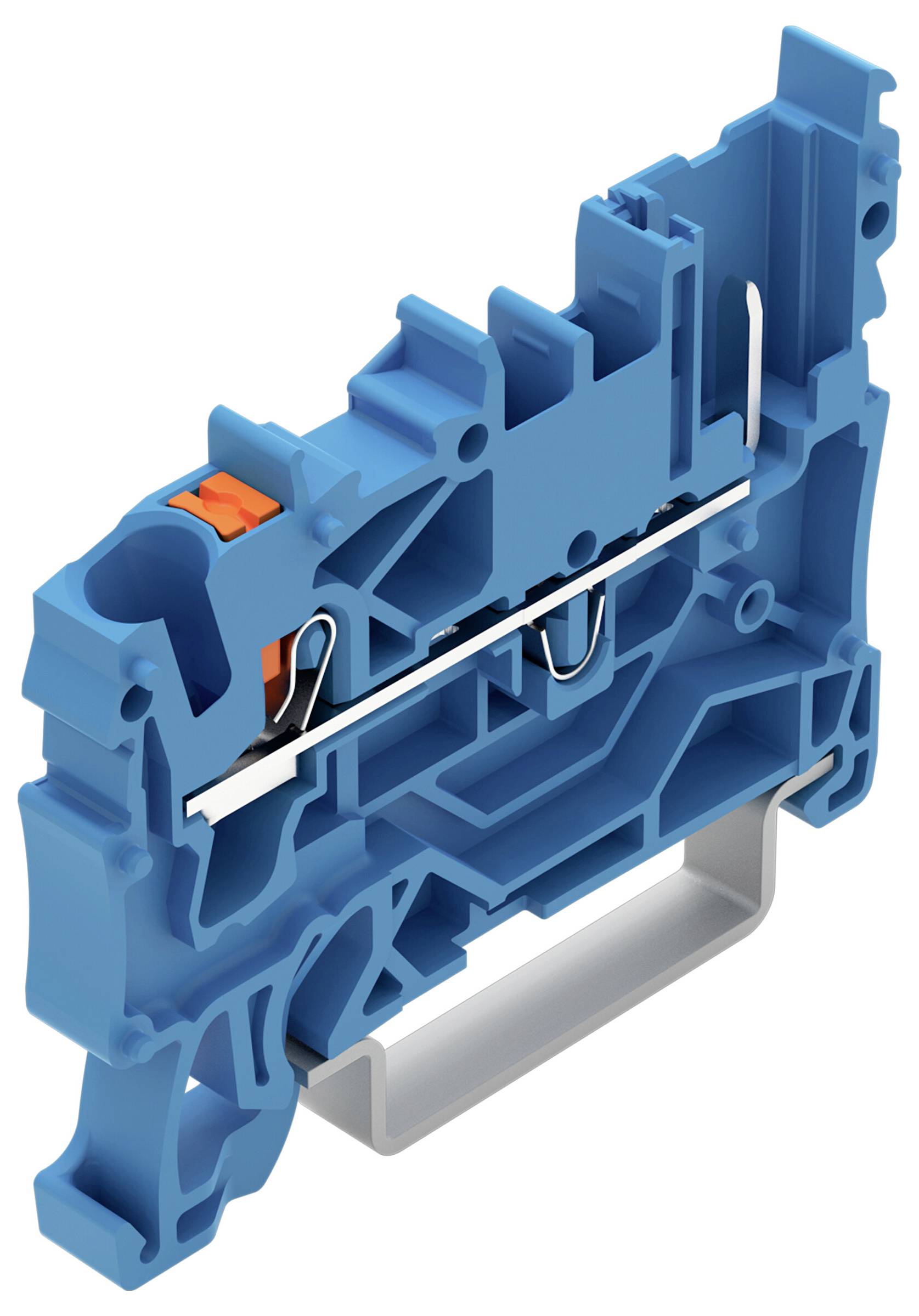 Modrý svorkovnicový blok s kovovým pružinovým mechanismem, používaný pro elektrické připojení. Obsahuje rukojeť pro snadnou montáž.