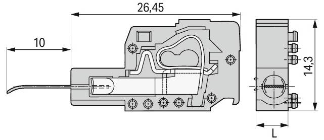 Technický diagram elektrické součástky s rozměry: délka 26,45, výška 14,3 a šířka 10 jednotek. Zobrazeny pohled zepředu a pohled ze strany.