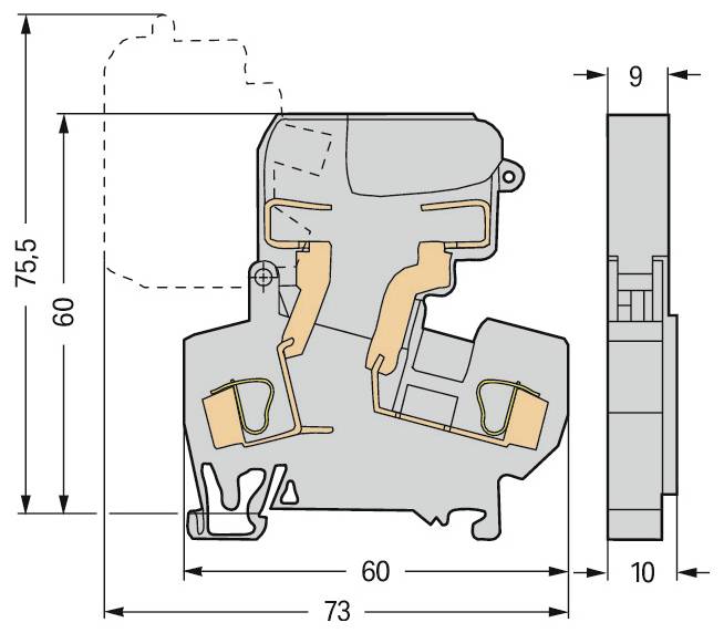 Průřezový diagram okna s rozměry: výška 75,5, šířka 73 a hloubka 9 jednotek. Zobrazeny vnitřní komponenty a struktura.