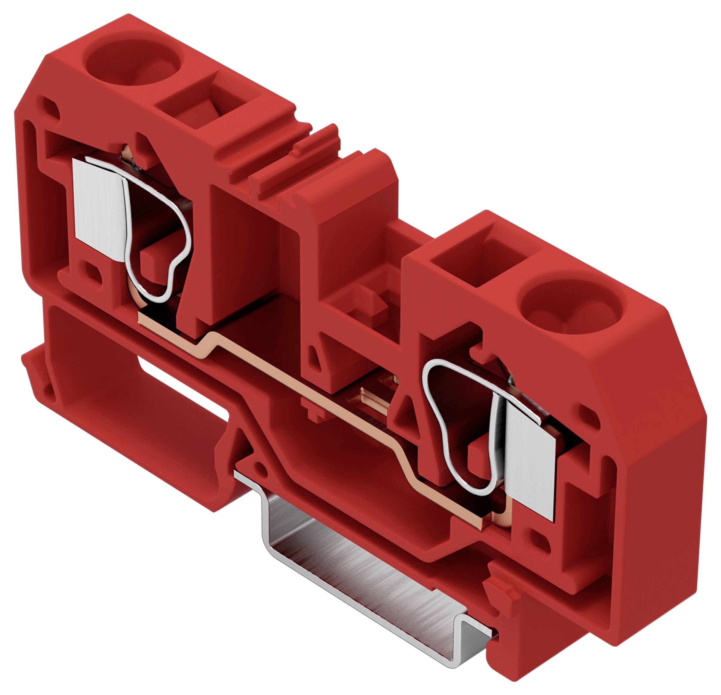 Červený elektrický terminálu s kovovými konektory a vstupními body pro vodiče, používaný k upevnění a připojení elektrických vodičů.
