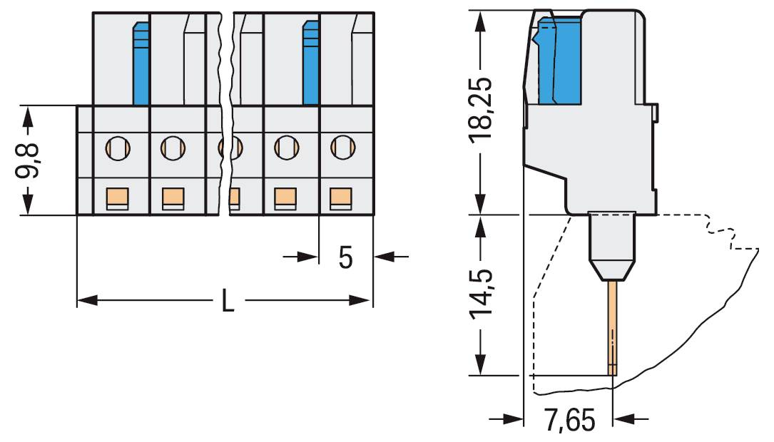 Diagram elektrické součástky s rozměry: šířka 9,8 mm, délka L a pohled ze strany s rozměry výšky 18,25 mm, hloubka 7,65 mm.