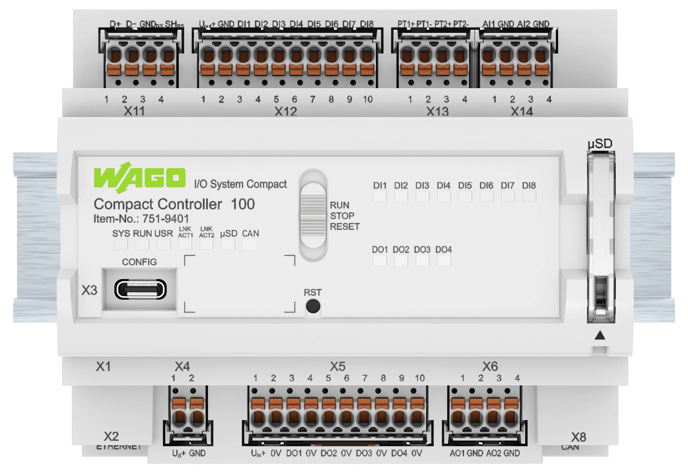 Bílý WAGO Compact Controller 100 s různými porty a konektory je připevněn na lištu. Obsahuje štítky pro konfiguraci a stavy systému.