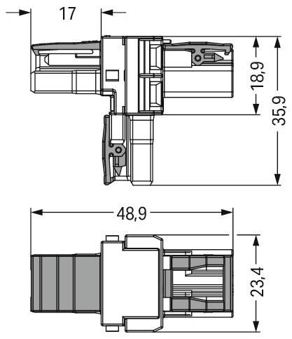 Technický diagram elektrického konektoru s označenými rozměry: šířka 17 mm, výška 35,9 mm, hloubka 23,4 mm a rozšířená délka 48,9 mm.