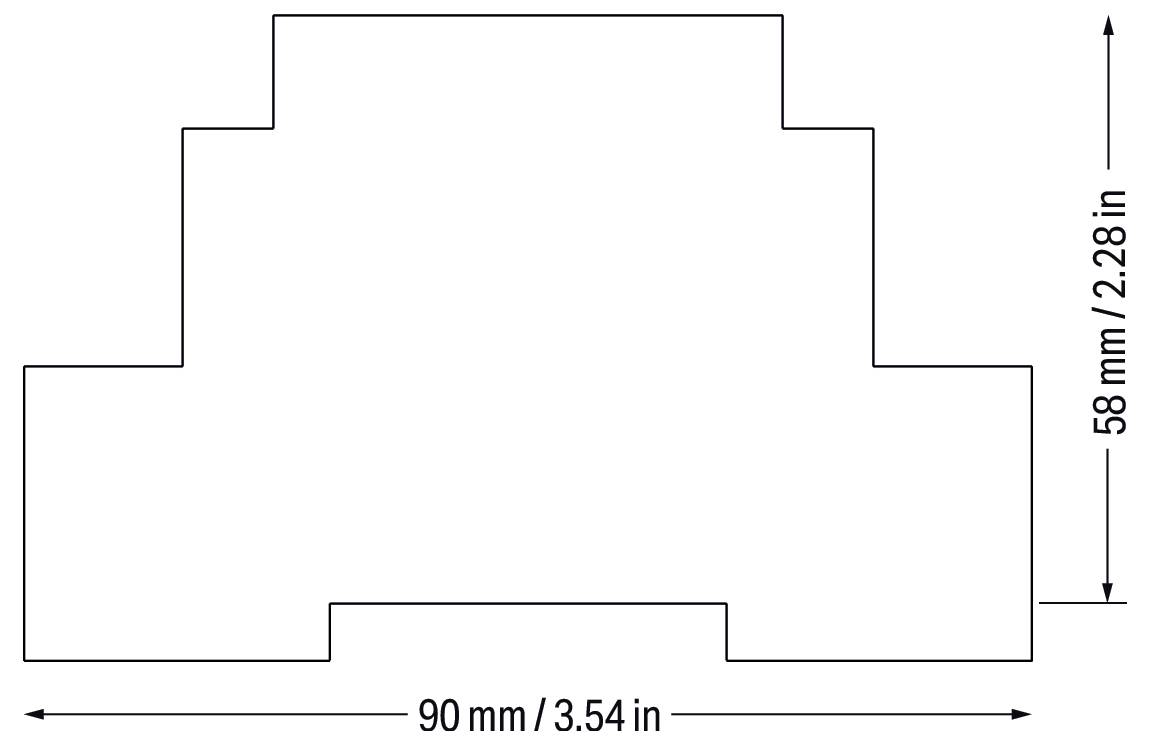 Diagram krokovitého tvaru s rozměry: šířka 90 mm (3,54 palce), výška 58 mm (2,28 palce), s osově symetrickým profilem schodiště.