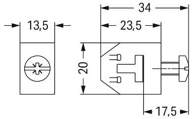 Diagram mechanické součásti s rozměry: šířka 13,5 mm, výška 20 mm, hloubka 34 mm. Obsahuje kulatou drážku a vyčnívající kus na straně.