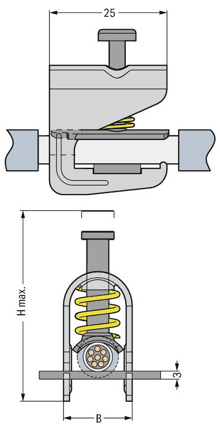 Diagram mechanického zařízení znázorňující komponenty jako pružina a páka. Rozměry: šířka 25 jednotek, H maximální výška se specifickými označenými částmi.