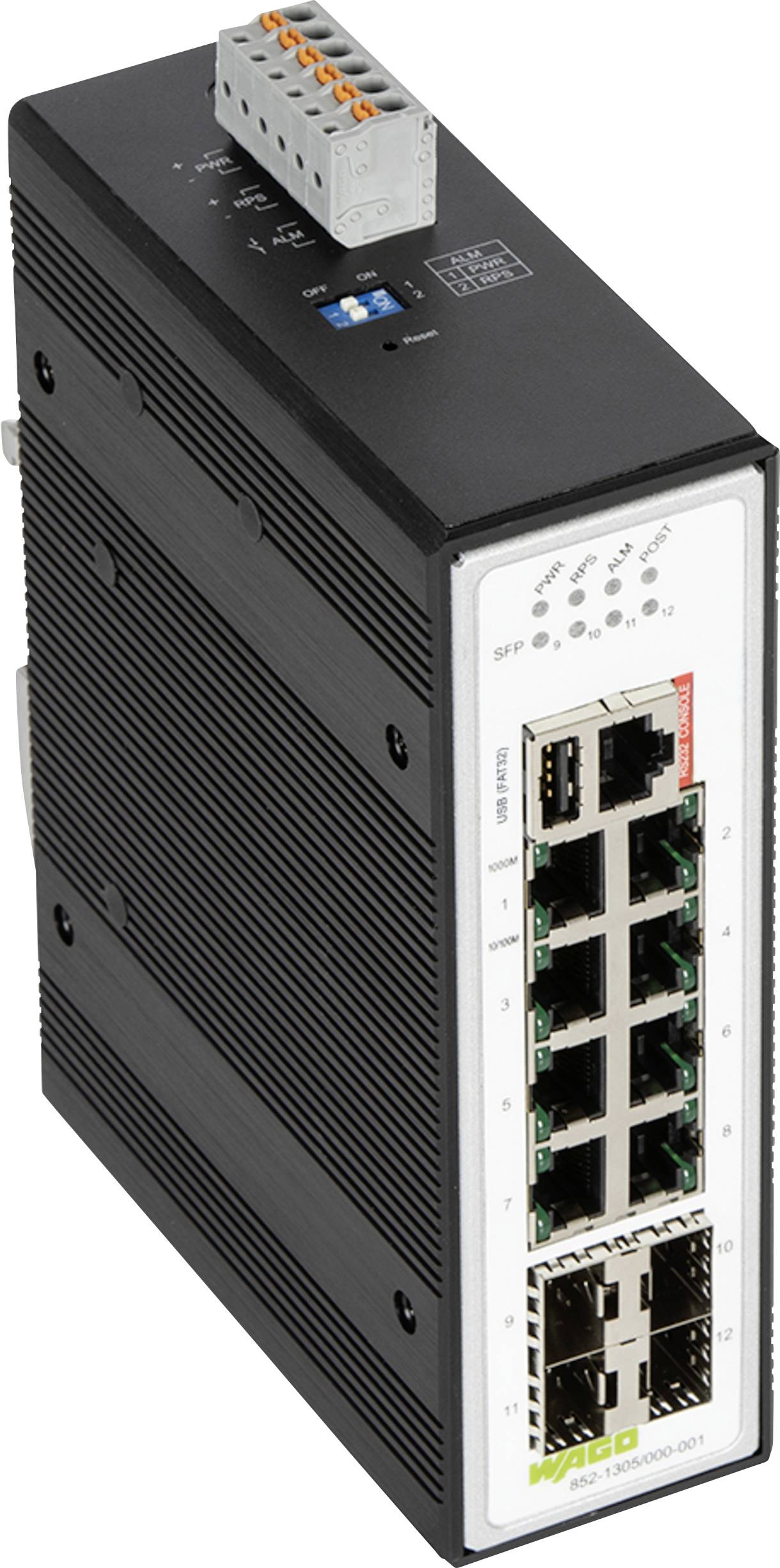 Průmyslový ethernetový přepínač s osmi porty RJ45 a dvěma porty SFP, černou skříní a svorkovnicí pro montáž na DIN lištu.