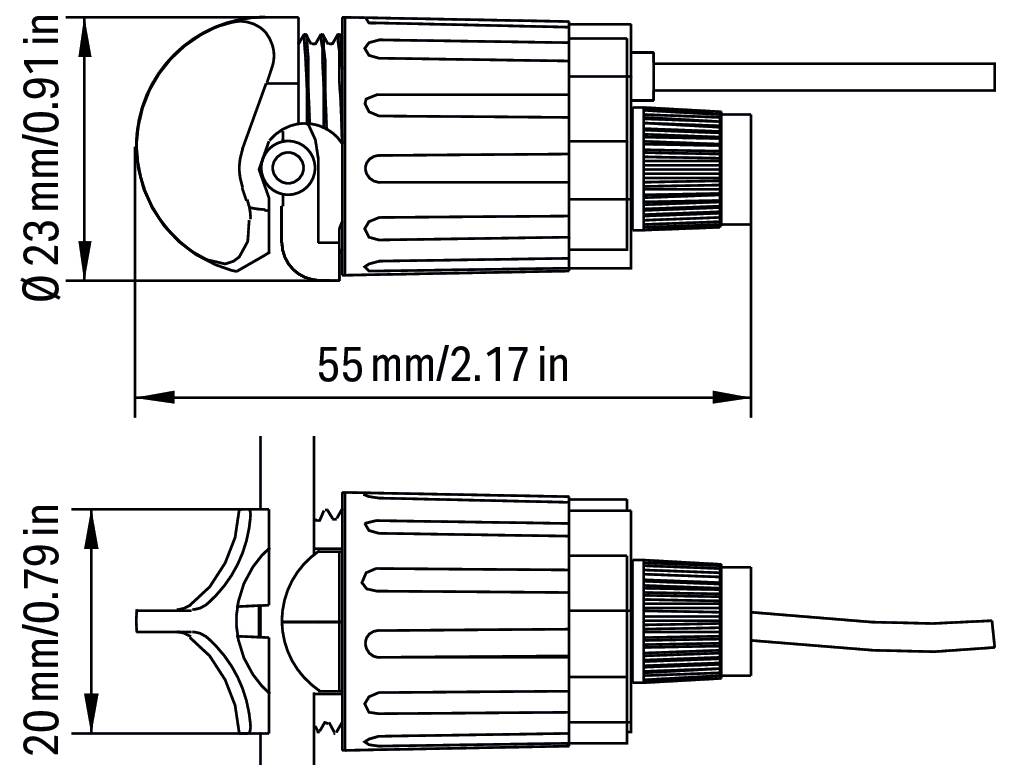 Technický diagram válcového snímače s rozměry: délka 55 mm, průměr 23 mm a výška 20 mm, včetně kabelu.
