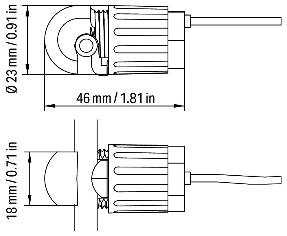 Technický výkres válcového součástky s rozměry: délka 46mm, průměr 23mm, výška 18mm; drát na jednom konci.