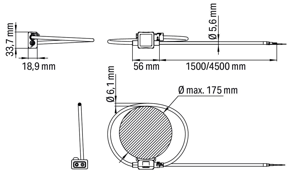 Technický výkres zobrazující rozměry kabelu a konektoru: Možnosti délky 1500/4500 mm, šířka 18,9 mm, maximální průměr 175 mm.