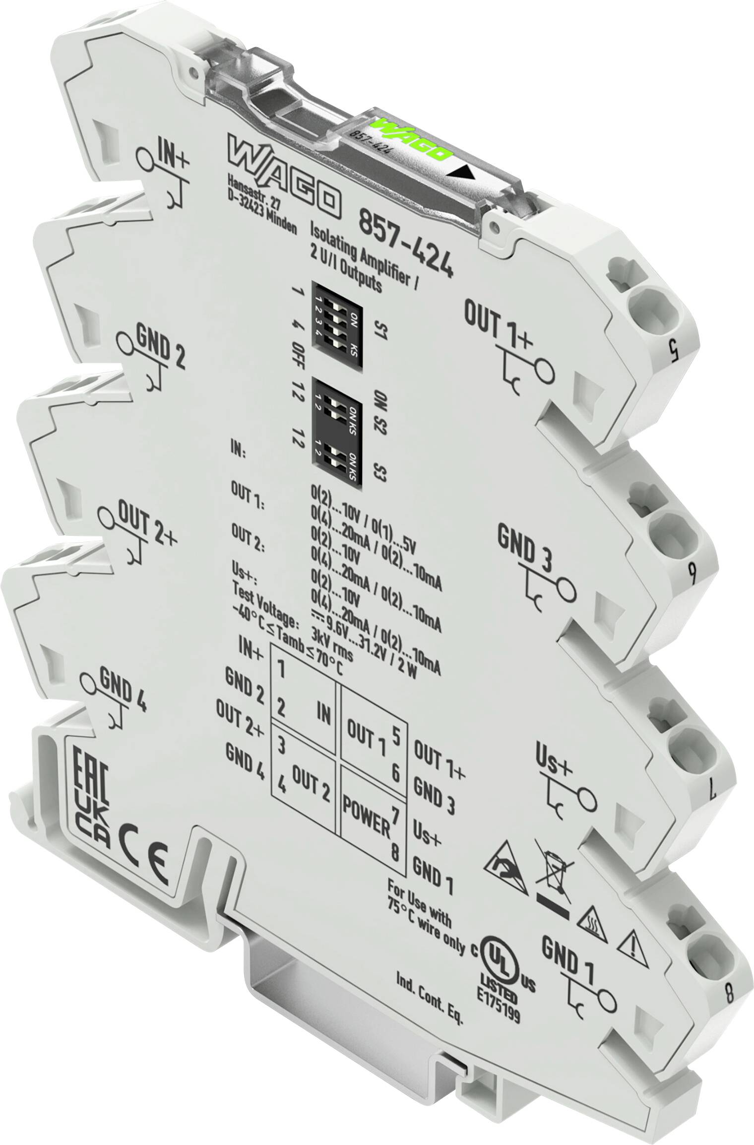 WAGO 857-424 izolační zesilovač, kompaktní šedý modul pro elektrické aplikace s více označenými vstupními/výstupními svorkami.