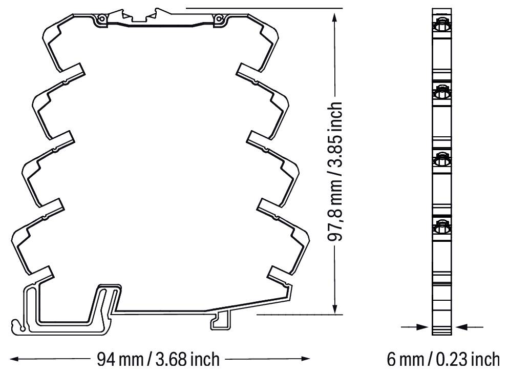 Příčný řez diagramem tvarovaného objektu s rozměry: šířka 94 mm (3,68 palce), výška 97,8 mm (3,85 palce), hloubka 6 mm (0,23 palce).
